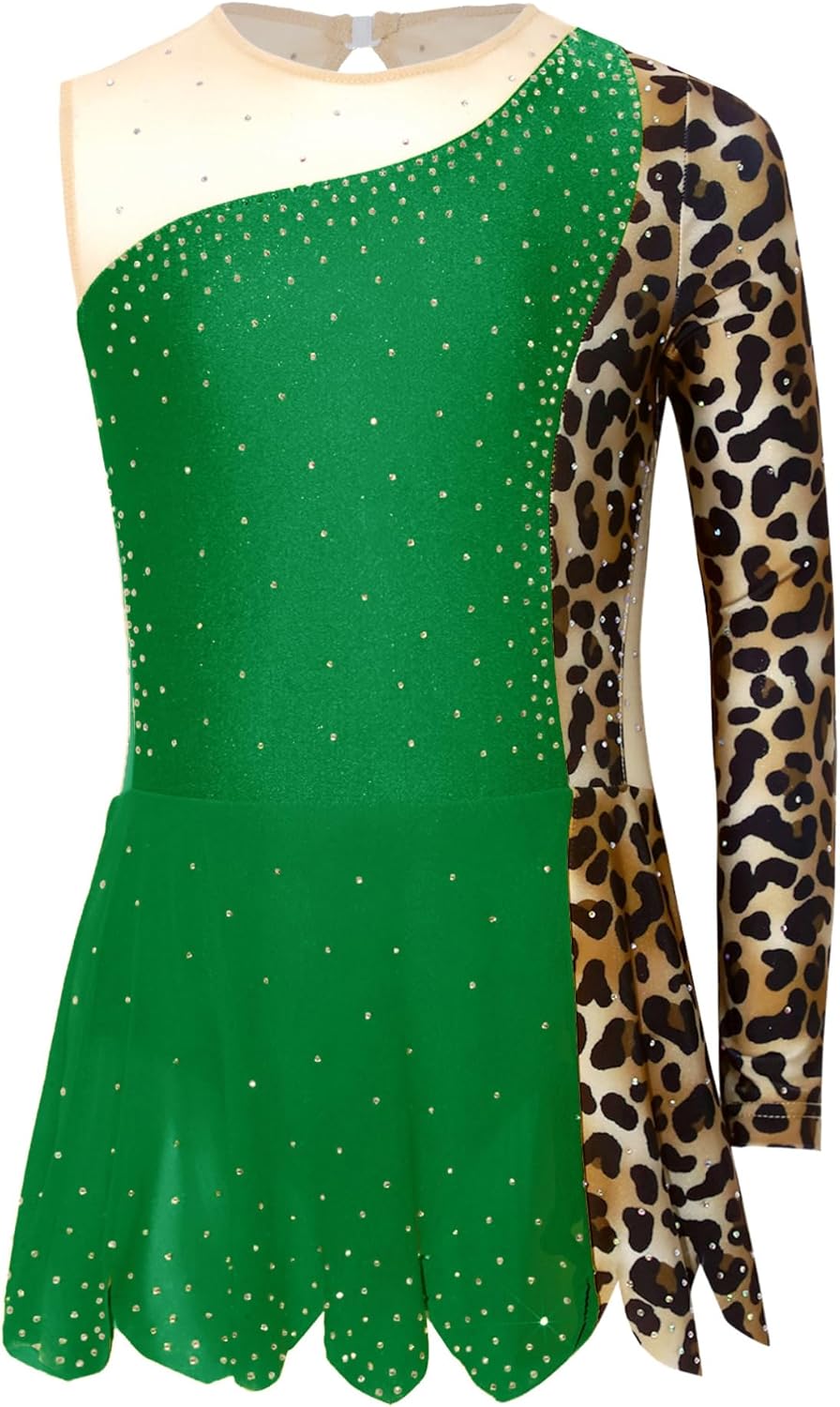 Gymnastics Leotards for Girls Hollow Back Dance Ballet Outfit Leopard Printed Asymmetric Sleeve Dance Unitards