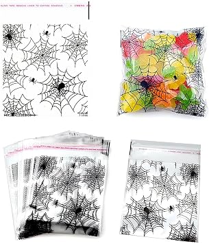 FAZHBARY 100 PCS Halloween Spider Web Treat Bags 4x5 inches Clear Plastic Cellophane Goodie Bags for Party Favor Supplies