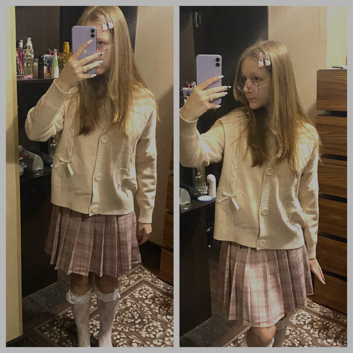 Women Kawaii Sweater Cardigan with Cute Bowknot and Heart S-2XL: XX-Large Light Apricot