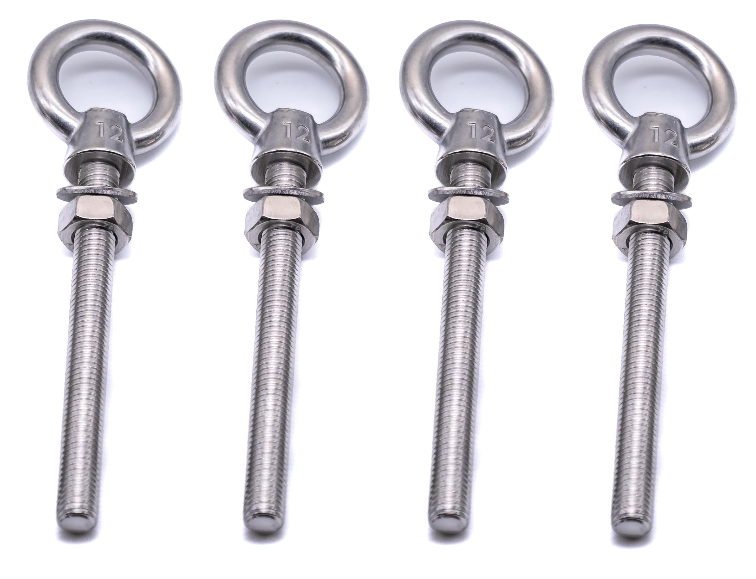 4pcs M12 Eye Bolt Long Shank Long Thread 316 Stainless Steel Marine Grade A4 Eye Screws Long Thread Fixings Pack of 4 Various Sizes (M12 x 120mm)