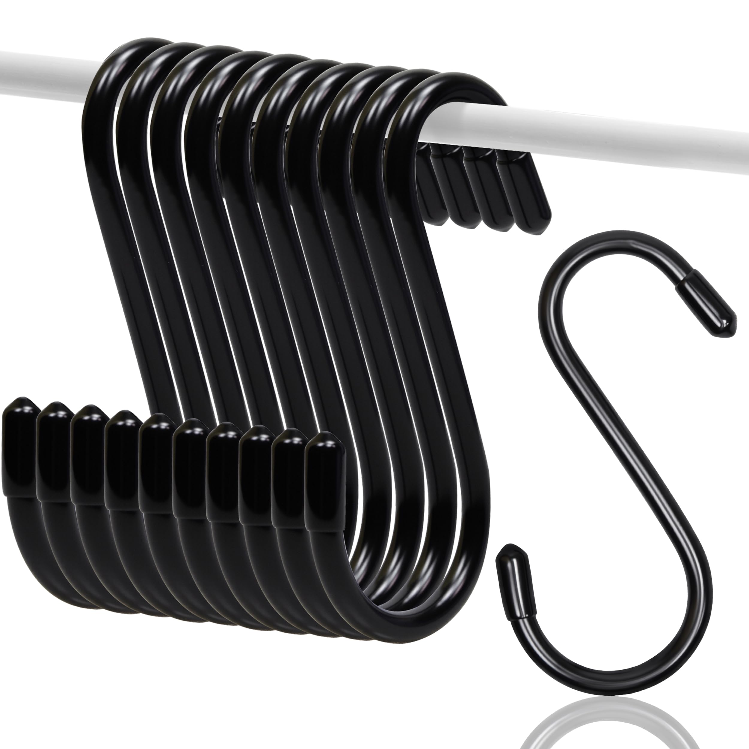 Tingheng 4 Inch Black Vinyl Coated S Hooks, 10 Pack Heavy Duty Non Slip Hanging Hooks for Closet Rods, Kitchen Storage, Garage Organization, Hanging