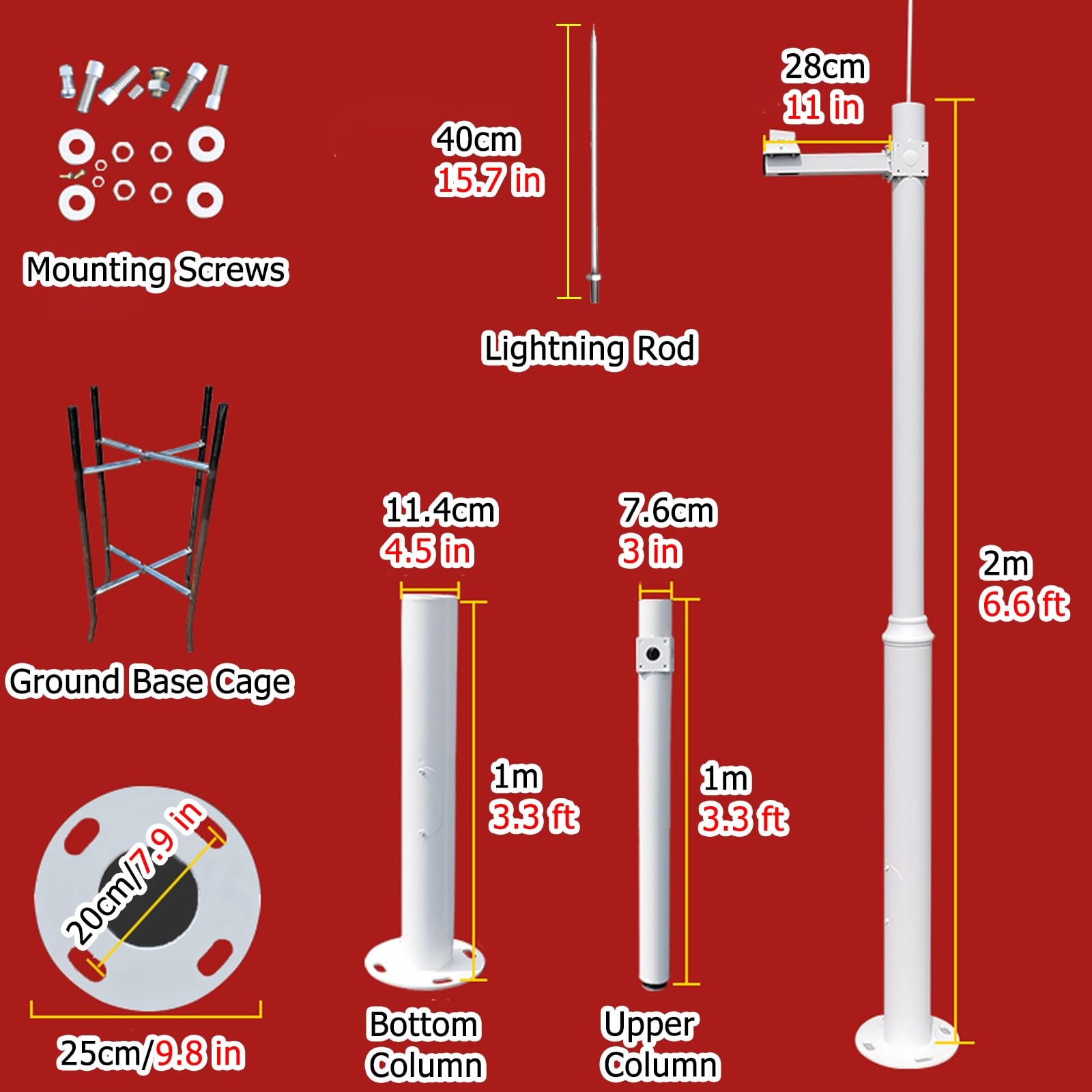 Genérico Soporte Ajustable Blanco para cámaras de vigilancia - Altura de 100 a 600 cm, pararrayos de 40 cm, Soporte de Suelo Duradero de 2 m/6,6 pies para cámaras de Seguridad - Solución de Seguridad