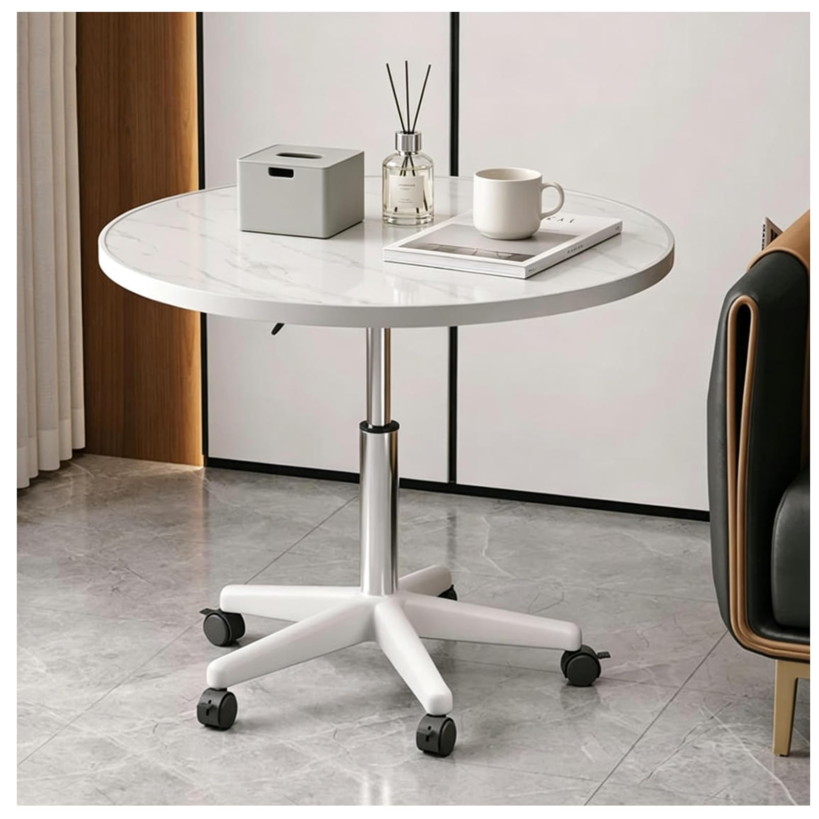 Jhaismao White Adjustable Rolling Side Table 60Cm Marble Top With Lockable Casters, Heavy-Duty Stand, Overbed Table For Sofa Bedside Coffee Laptop Reading(Size:60x60x59-80Cm,Color:white)