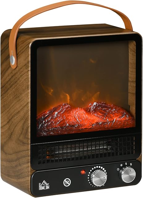 HOMCOM Tabletop Electric Fireplace with Handle, Freestanding Fireplace Heater with Realistic Flame Effect, Overheat Protection, 750W/1500W, Dark Walnut
