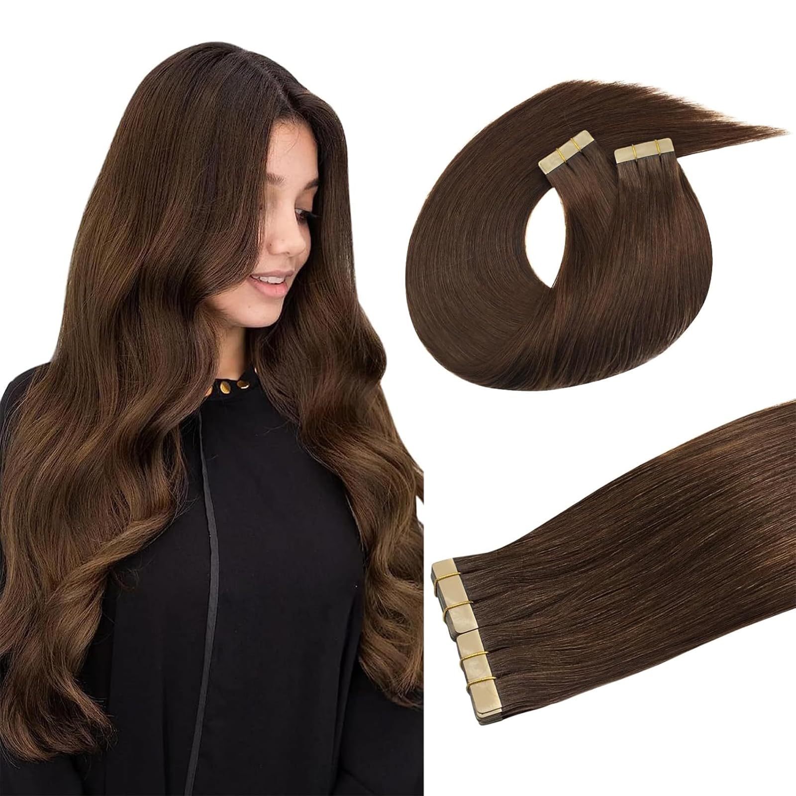 DOORES Tape in Hair Extensions Human Hair, Chocolate Brown 20 Inch 40pcs 100g, Human Hair Extensions Tape in Remy Straight Real Hair Extensions Skin