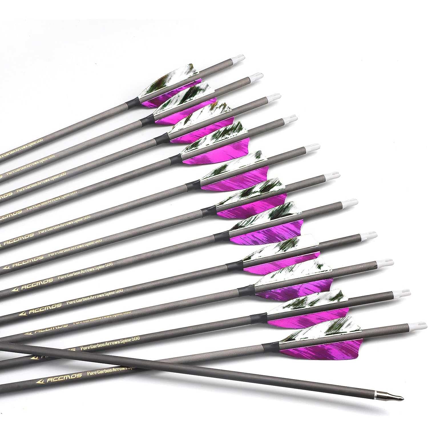 12pc 25-Inch 300-Spine Arrow Removable Tips Targeting Hunting Arrow 3" Turkey Feather Feathered Carbon Arrows for Traditional Bow Long-Bow Recurve Bow Compound Bow Adult Youth Archery Camo Purple A4