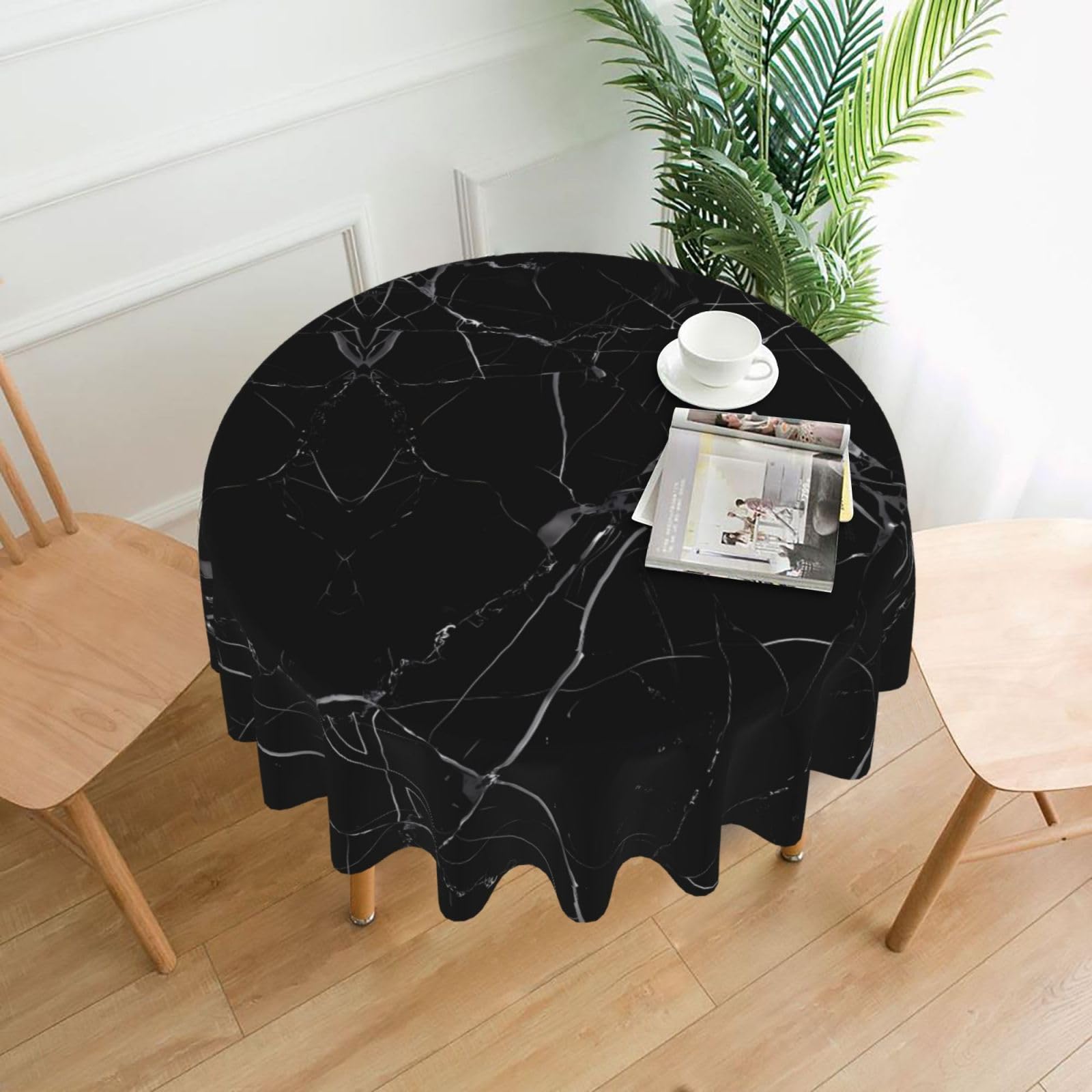 ZHAOUR Black Marble Print Round Washable Tablecloth – Table Cover