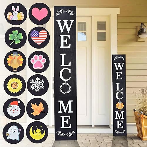 Miniatura 9 de Letrero de bienvenida para puerta delantera, porche delantero, 47 x 7.9 pulgadas, letrero de bienvenida intercambiable con 12 iconos de temporada