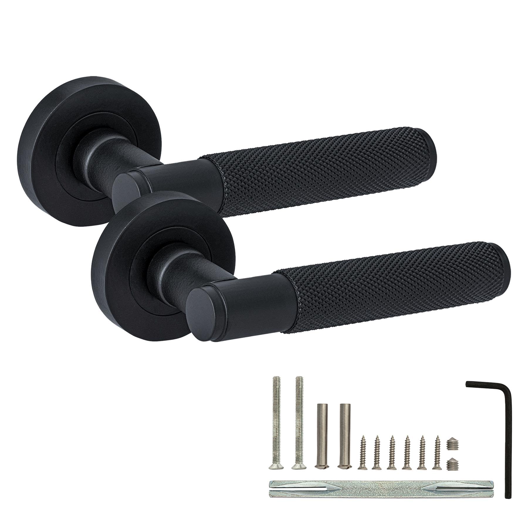 XFORT Titan Lever on Rose Door Handles, Knurled Lever Latch Door Handle, Internal Door Handle Sets for Interior Wooden Doors, Interior Door Handles for Home & Office – Matt Black