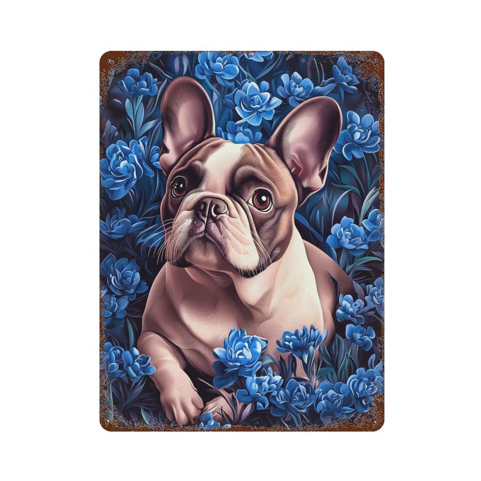 French Bulldog in Blue Flowers Vintage Metal Tin Sign 15.7"x11.8", Farmhouse Wall Decor for Garage, Bar And Workshop Decor