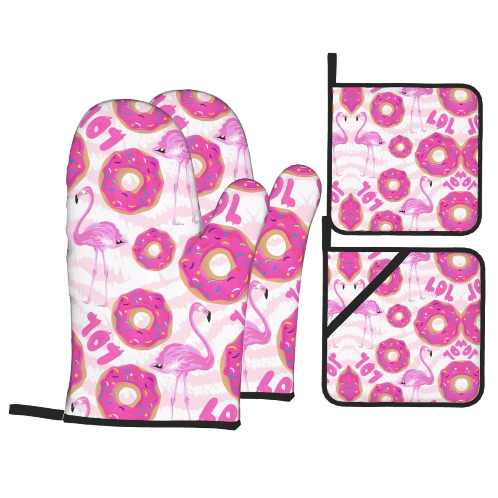 WHJSHOP Flamingo and donuts Prints Kitchen Baking Throw Set with Heat Resistance, Waterproof Oven Mitts & Pot Holders for Cooking, Grilling & Handling Hot Dishes