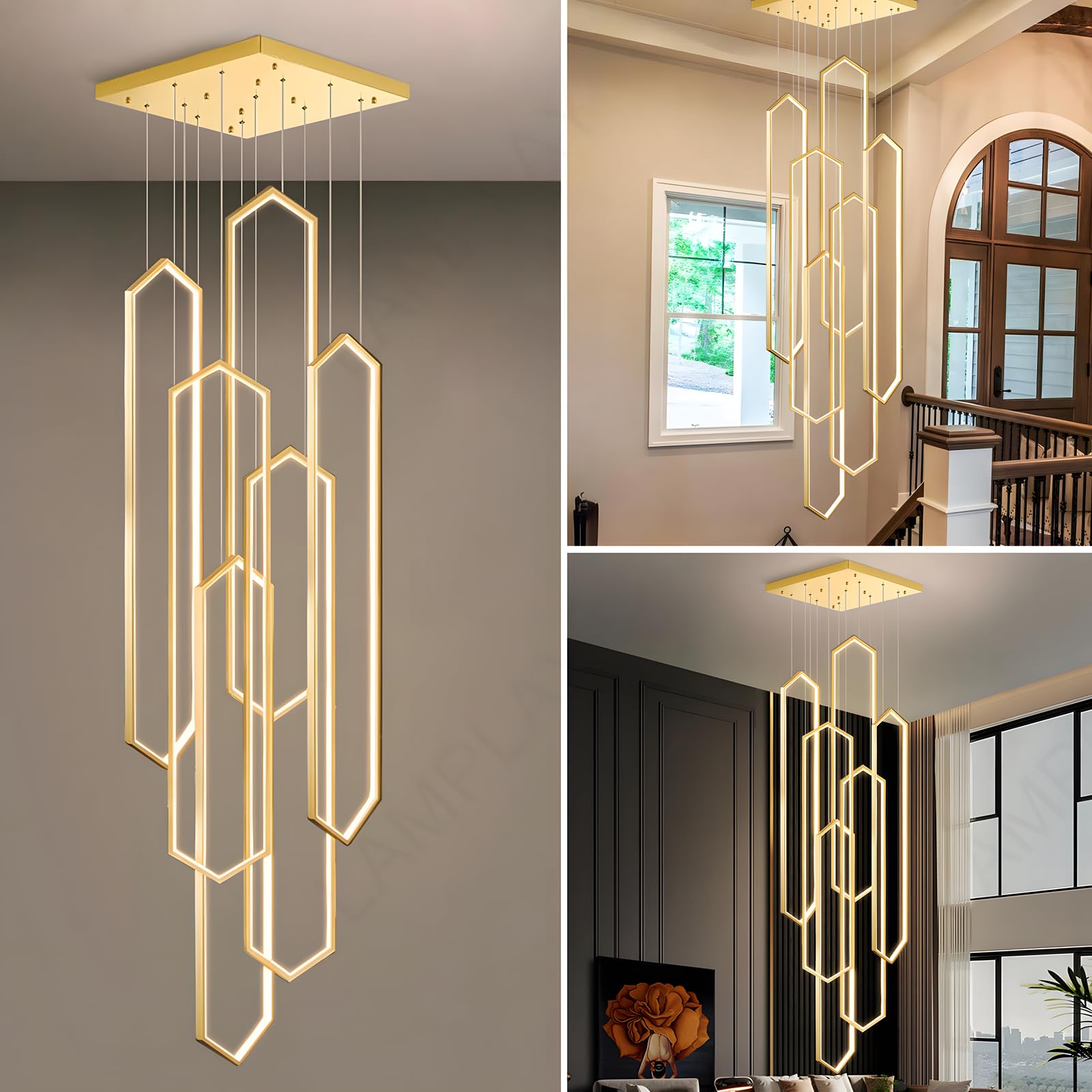 Nowoczesny Żyrandol, 6 Złote Pierścienie Diamentowe LED, Regulowany Żyrandol Willi, Zdalne Sterowanie Oświetleniem Salonu 3000K-6000K Ściemnianie, Korytarz, Salon, Schody, Willa
