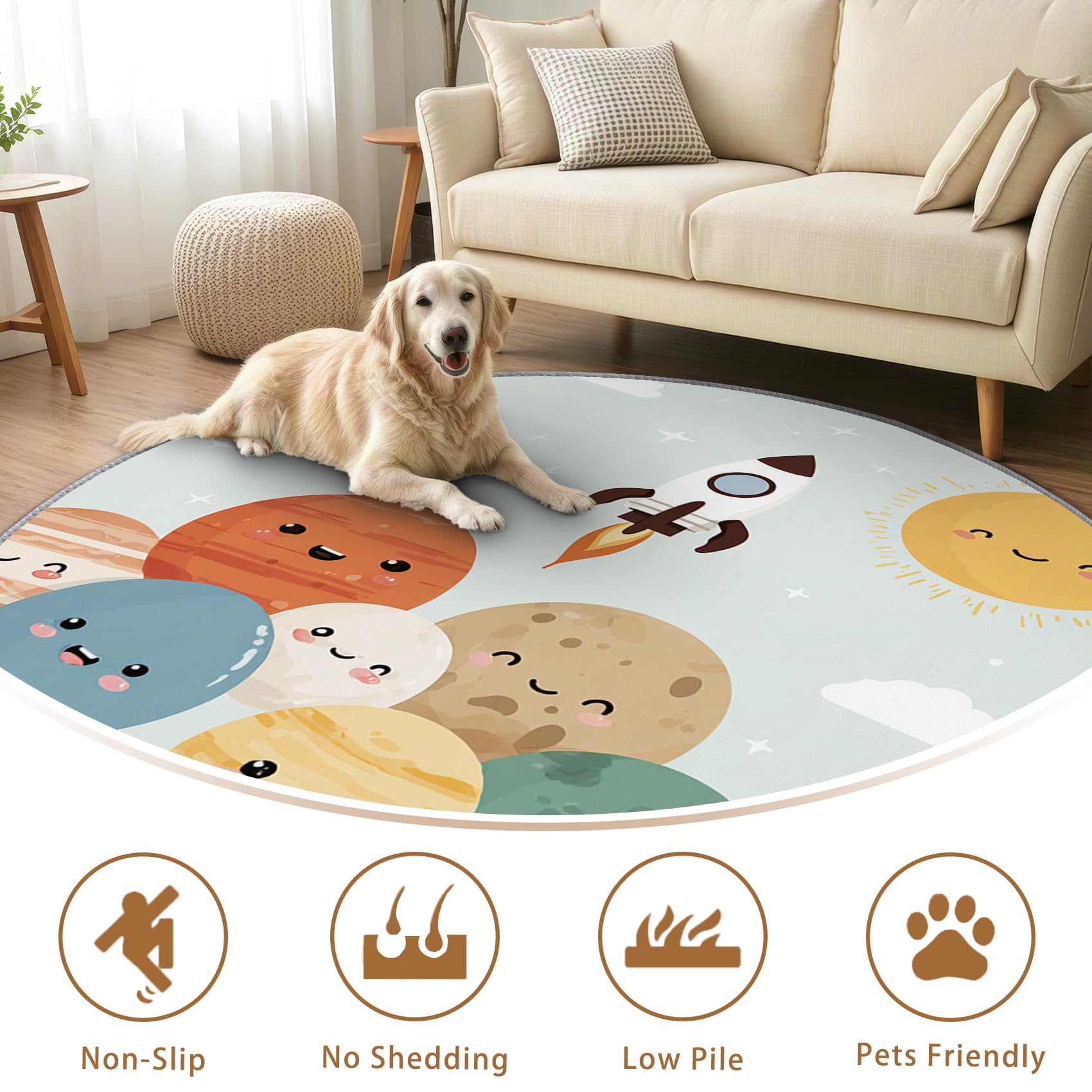 Planeten Teppich Rund 120cm Kurzflor - Waschbare Teppiche Wohnzimmer Kinder Cartoon Raketen Weltall - Runder Teppich 120 Durchmesser Kinderzimmer - Bettvorleger rutschfest Weich