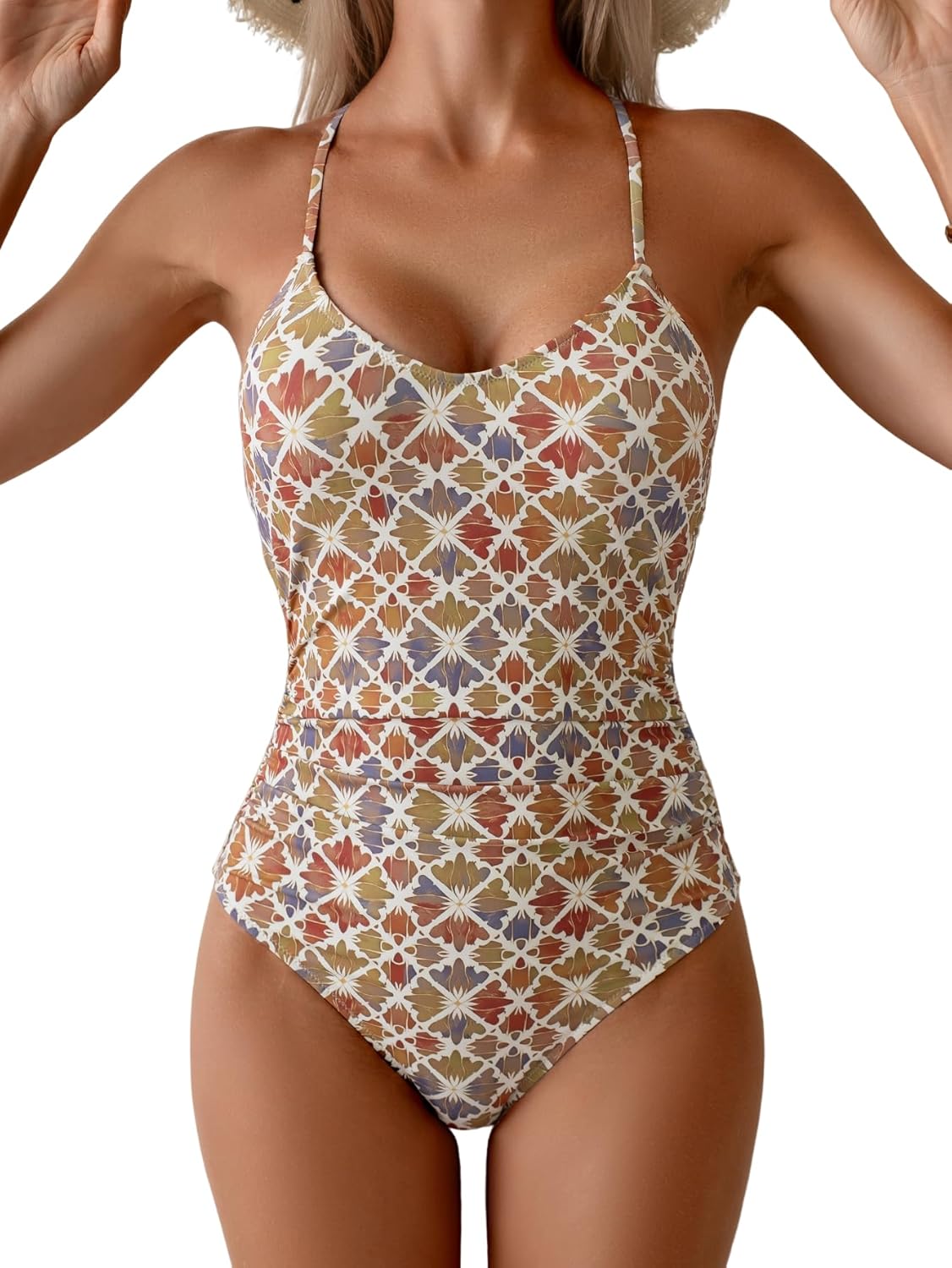 Eomenie One Piece Swimsuit for Women Tummy Control Ruched Bathing Suit Cut Out Back Metal Accents Swimwear