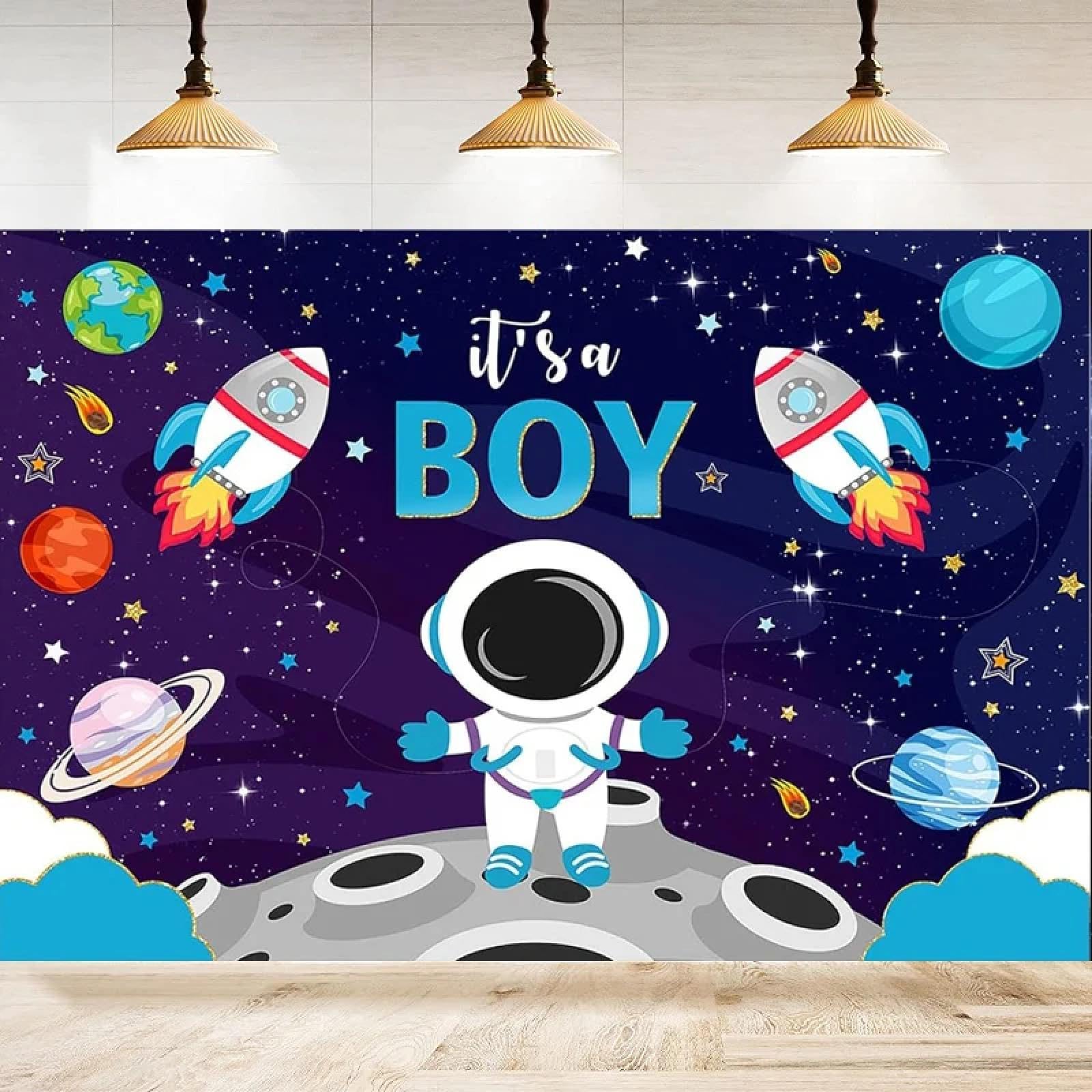 'It's A Boy' baby shower fotografia tło niebieski astronauta baby shower impreza dekoracja wszechświat Sapce motyw baby shower tło 250 x 180 cm