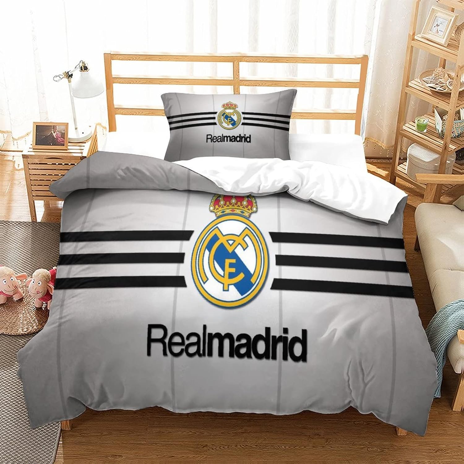 Juego De Cama De Real Madrid fútbol Impreso En 3D, Funda De Edredón De Club de fútbol, Microfibra Suave Anti-alergias,Aplicable A Adultos Y Jóvenes Y Niños,Single(135x200cm)