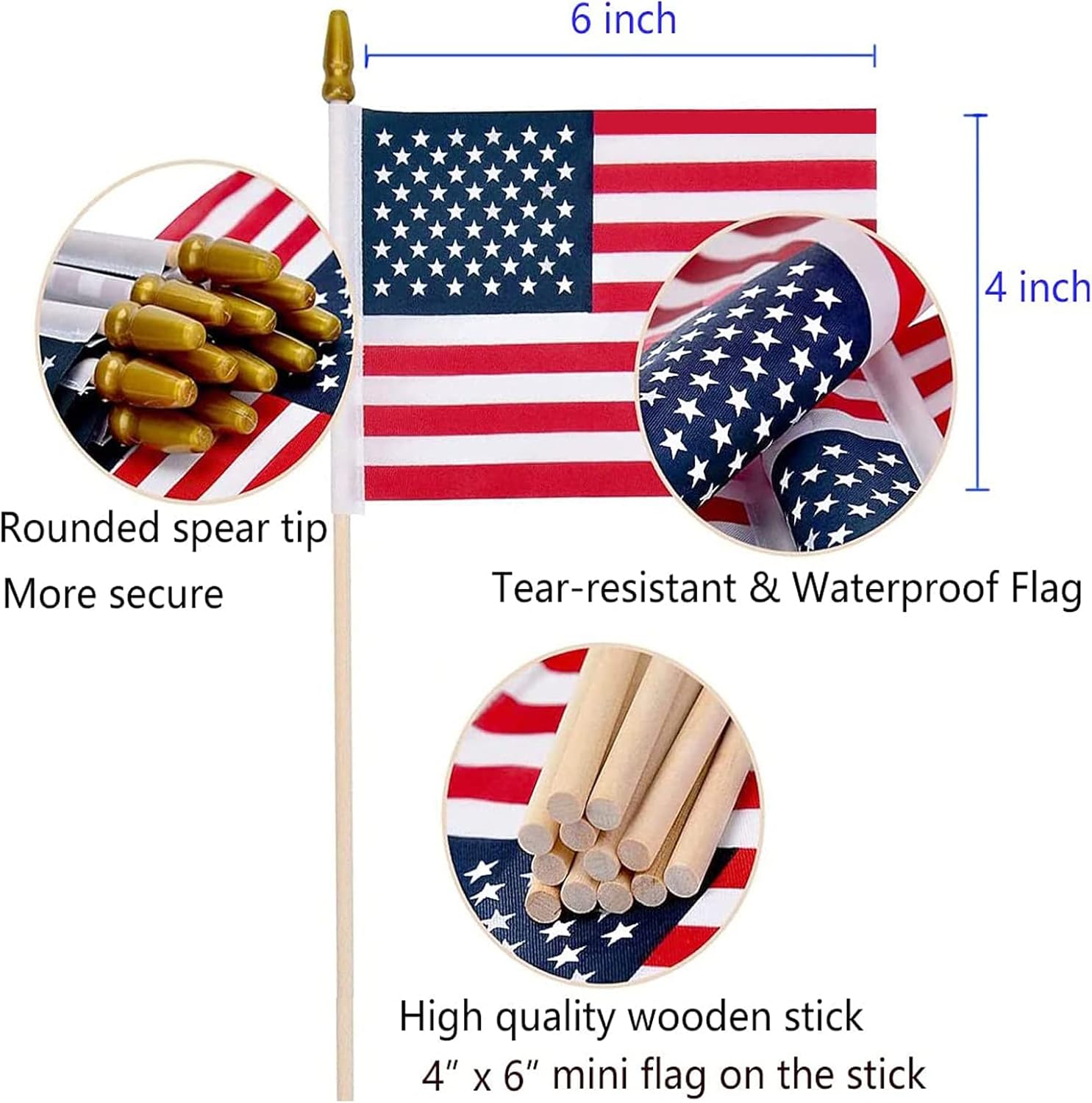 100 Pack Small American Flags on Stick, 4x6 Inch Small US Flags/American Flags for Outside, Mini Hand Held Stick Flags, Memorial Day,250 Anniversary, 4th of July Decorations,Patriotic Decorations