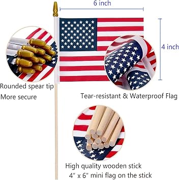 Pack of 24,4x6 Inch American Flags Handheld small Flags on the wooden stick,with Kid-Safe Spear Top,Perfect for Parades, Decoration, Veteran Party, etc