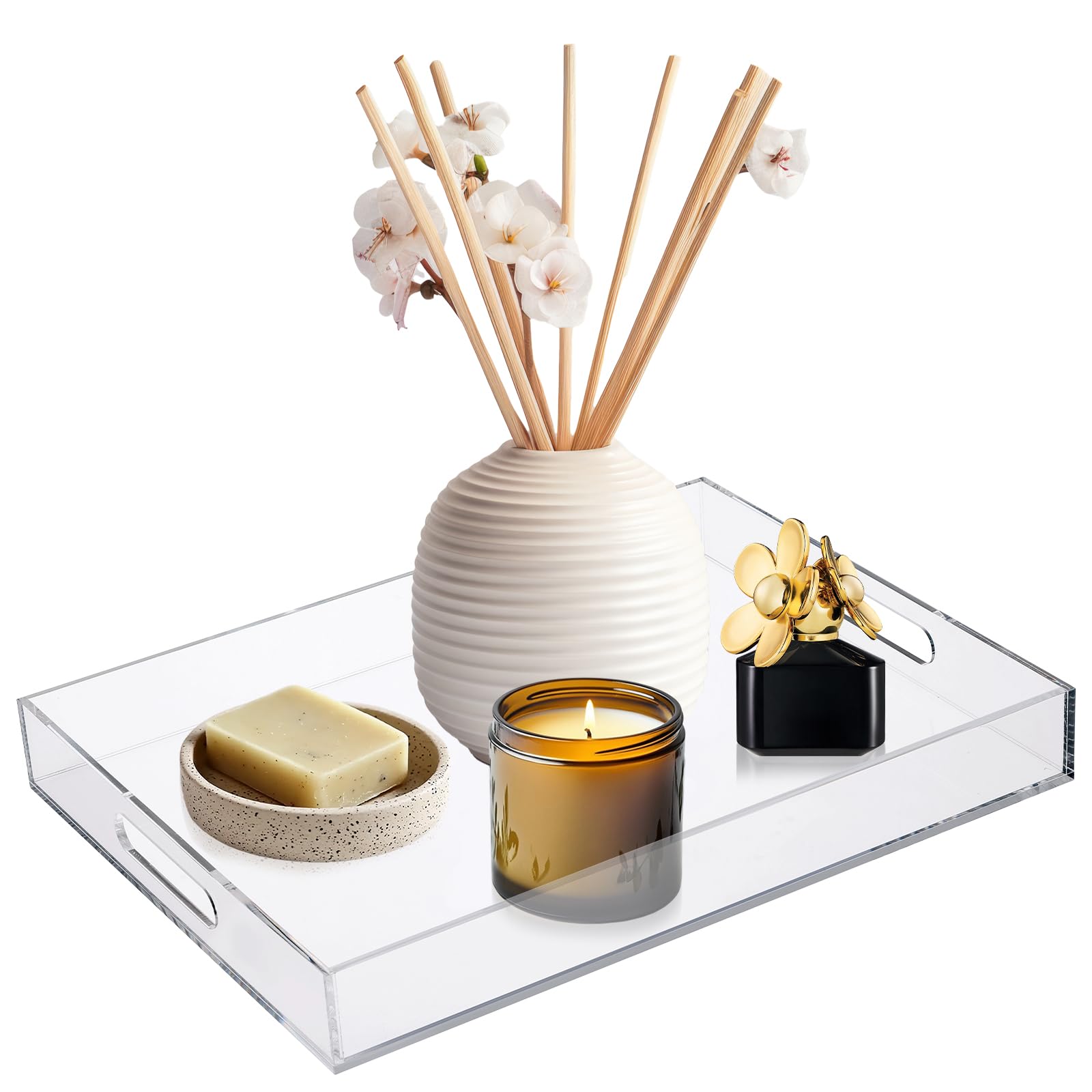 MYFULLY Clear Acrylic Serving Tray 12” x 16”, Spill-Proof Decorative Serving Trays with Handles for Coffee Table, Bathroom, Kitchen, and Countertop