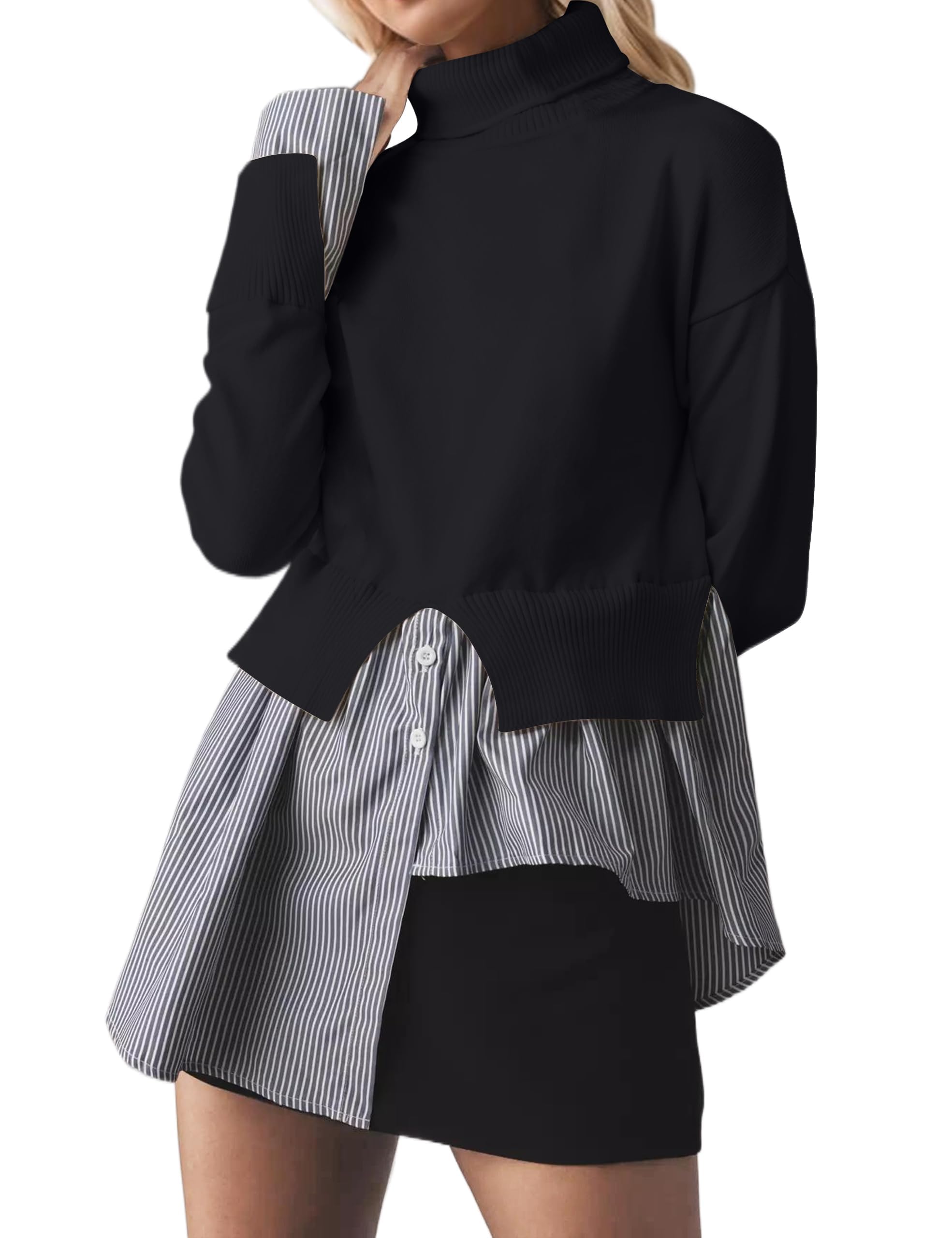 Women Turtleneck Slit Patchwork Knit Pullover Sweater 2 in 1 Asymmetrical Hem Striped Button Down Shirt Tops
