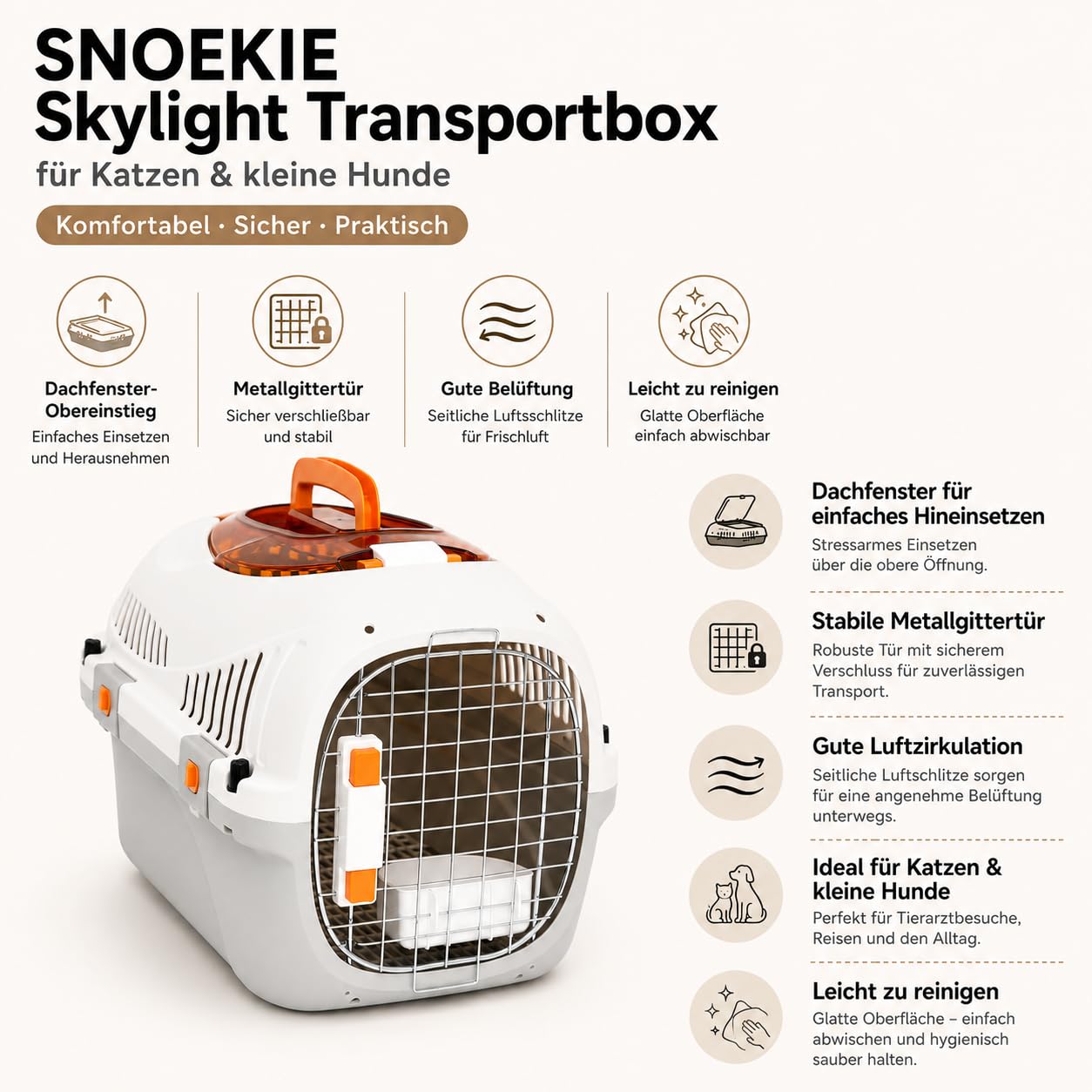 SNOEKIE Katzen Transportbox mit 2 Öffnungen, 49,5 x 32 x 32,6 cm, Haustierbox für Katzen & kleine Hunde, mit Dachöffnung, Fronttür, Metallgittertür & Tragegriff, Cremeweiß/Grau