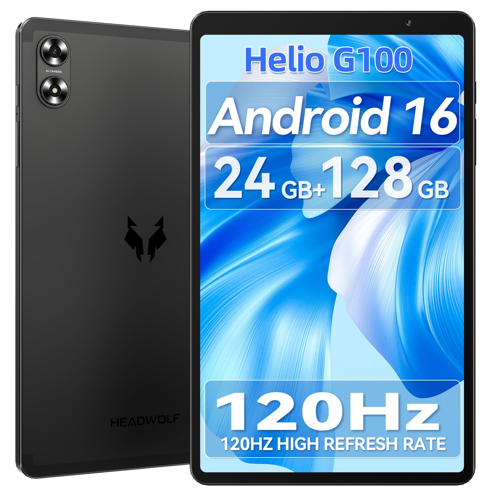 Headwolf Android Tablet 8 Zoll 120Hz,24GB+128GB,4G LTE/5G Wi-FI, Helio G100 Android 16 Tablet,5500 mAh,Widevine L1,1340x800,8MP/16MP,GPS,Dual Speakere,Slim&Lightweight,Gaming Tablet