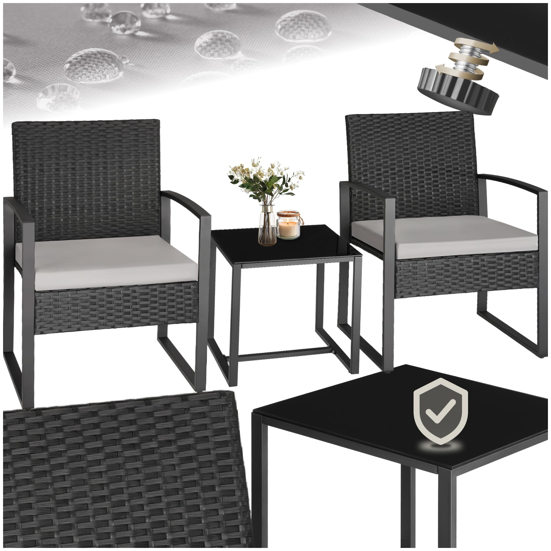 TecTake® Conjunto Jardín Exterior para 2 Personas, Muebles de Jardin 2 Sillas Ratán con Cojines y Mesa Terraza con Tablero Vidrio de Seguridad, Fundas Extraíbles, Robusto y Resistente a la Intemperie