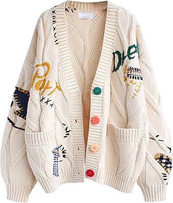 Womens Cable Knit Long Sleeve Open Front Cardigan Sheep V-Neck Button Down Embroidery Wool Blend Sweater Coat Outwear
