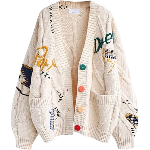 Women's Cable Knit Long Sleeve Open Front Cardigan Sheep V-Neck Button Down Embroidery Wool Blend Sweater Coat Outwear