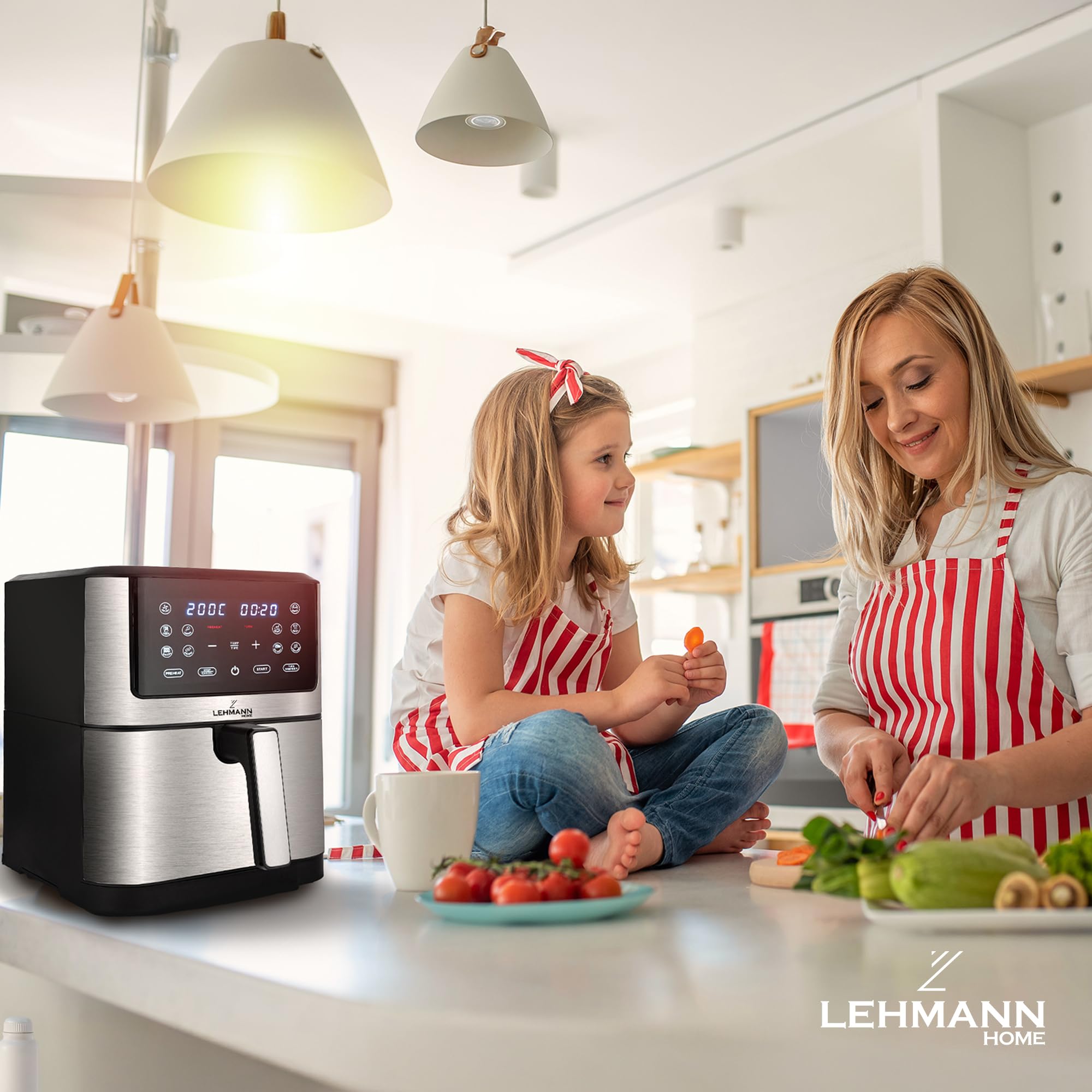 LEHMANN Friggitrice ad Aria XXL 8L, Air Fryer Familiare, 12 Programmi & Regolazione Manuale 76–200°C, Display LED Touch, Lavabile in Lavastoviglie, Rivestimento Antiaderente, 90% di Grassi in Meno