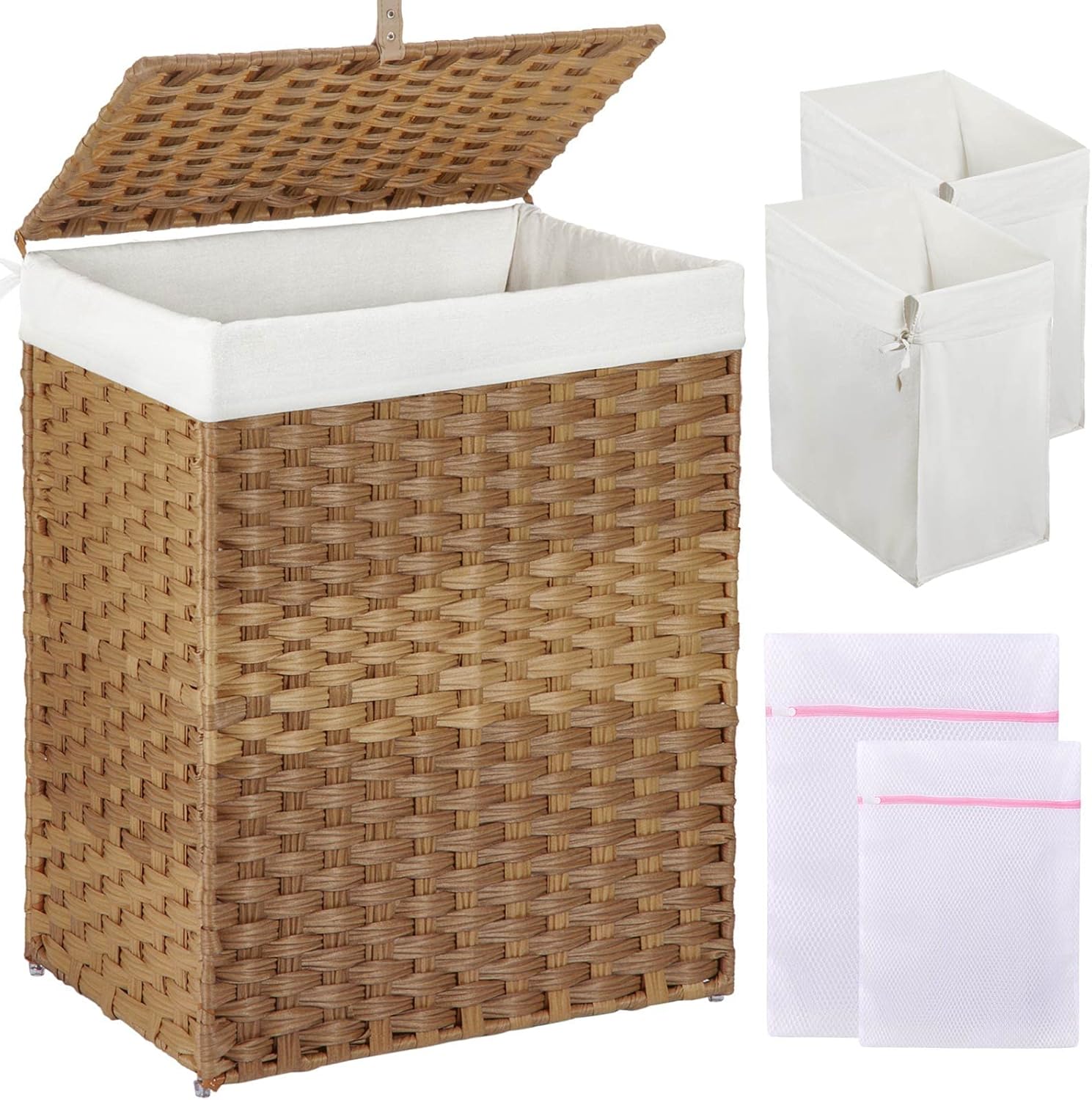GREENSTELL Laundry Hamper with Lid, 90L Clothes Hamper with 2 Removable Liner Bags & 2 Mesh Laundry Bags, Handwoven Synthetic Rattan Laundry Basket for Clothes, Toys in Bathroom, Bedroom Natural Natural 90L (18.1 x 13.0 x 23.6 inches)