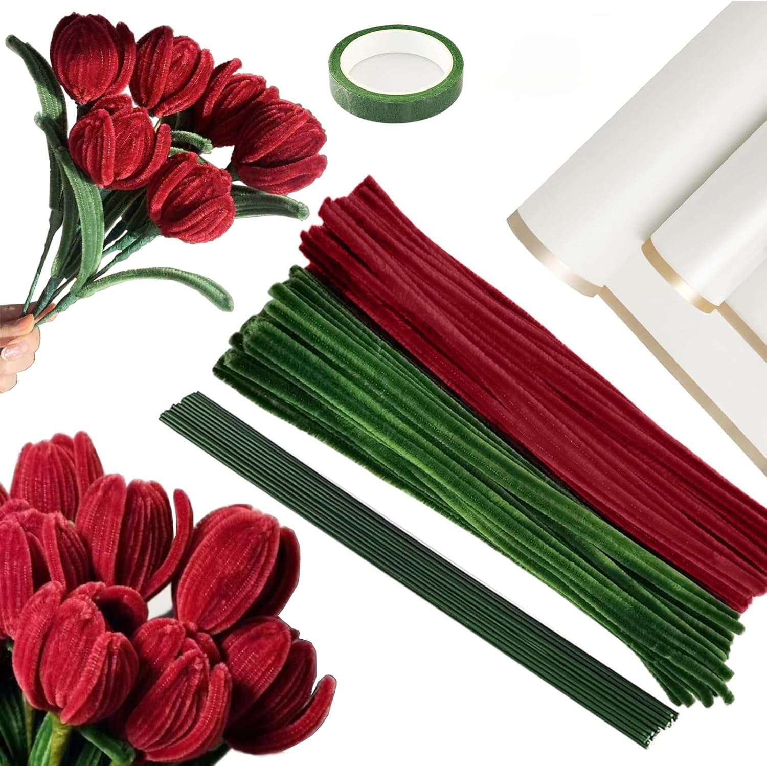 Pipe Cleaner Craft Kit, 200 Pieces, Colorful Chenille Stems with Floral Wires, Garden Tape and Wrapping Paper for DIY Crafts, Bouquets and Decorations-image-24
