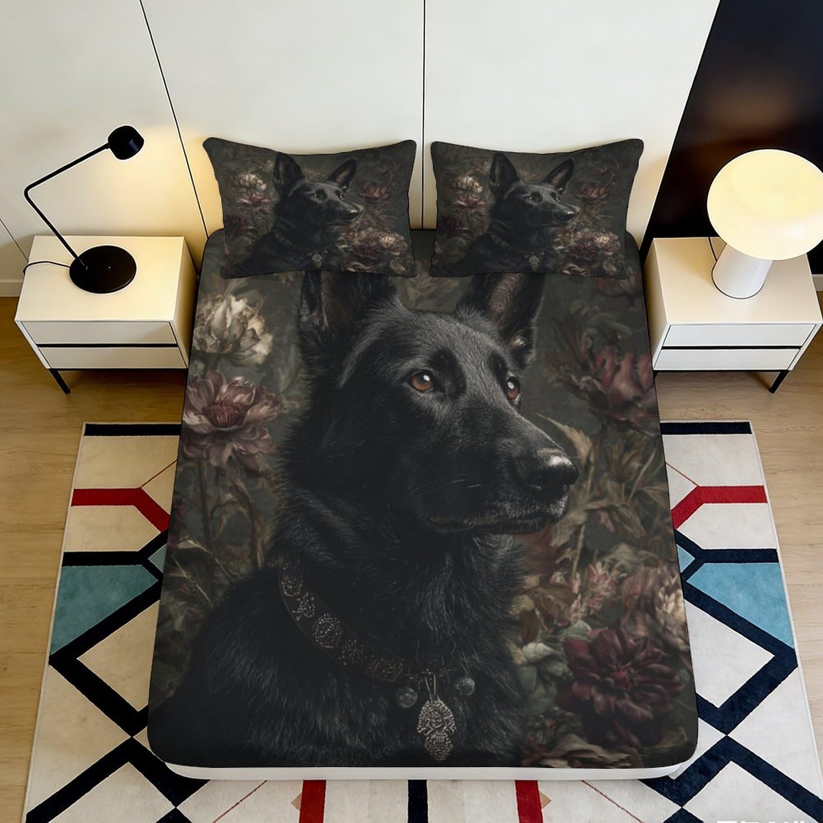 3D Printed Black German Shepherd Fitted Sheet Microfiber Floral Bed Cover for Bedroom Dorm Mattress Protection Decor 90x200x25cm