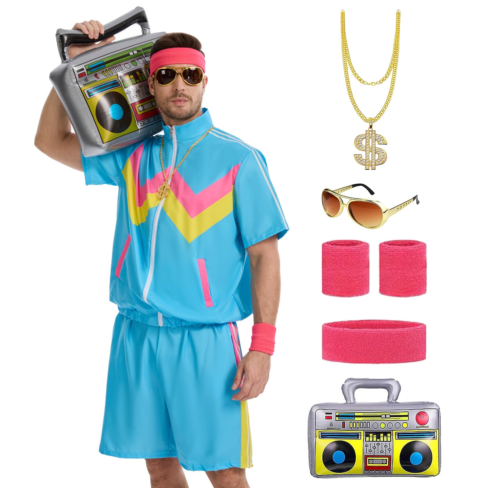 LYBOHO 80s 90s Fancy Dress Men,1980s Outfits-Short Sleeve Jacket & Shorts Set - Costume for Halloween,Carnival & Retro Parties (Blue, XL)