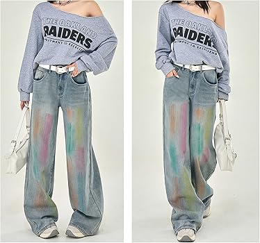 Womens Y2k Wide Leg Jeans Pants High Waisted Graffiti 90s Baggy