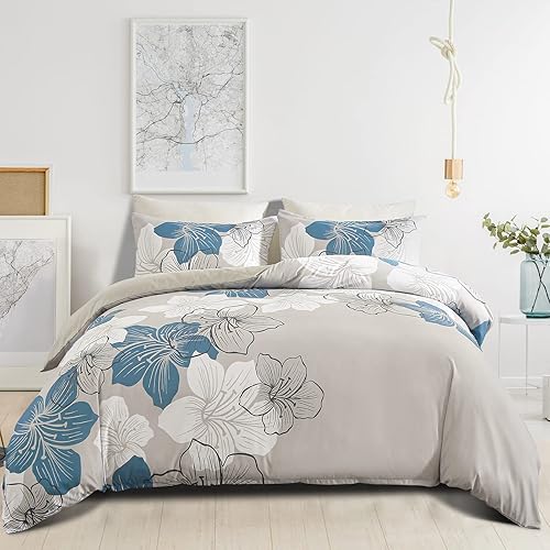 DJY Juego de funda de edredón de 3 piezas, tamaño King, funda de edredón con patrón floral azul, elegante funda de edredón floral bohemia con 2