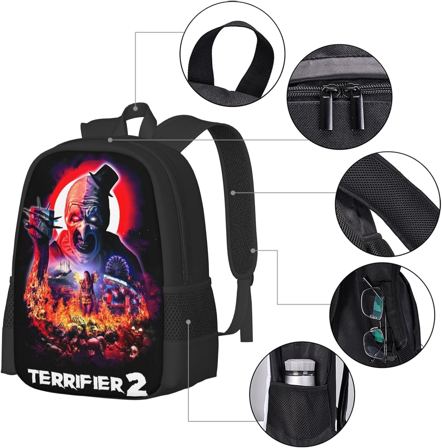 Terrifier 2 Backpack,3d Print Laptop Backpack Lightweight Casual Daypack Bookbag 16.5 In, Black