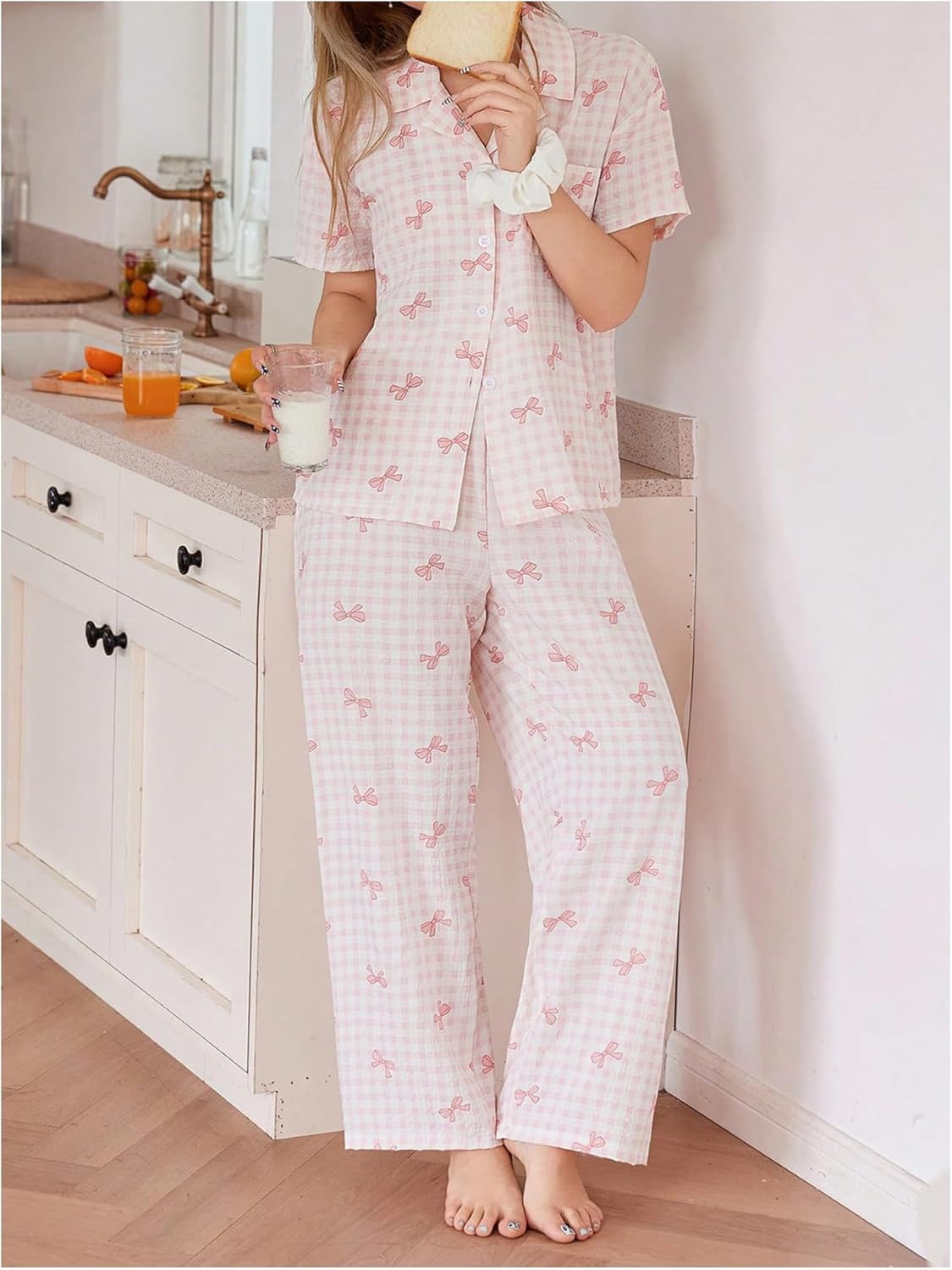 SHENHE Women's Bow Pajamas Button Down Short Sleeve Pjs Pants Set Coquette Loungewear - Image 5