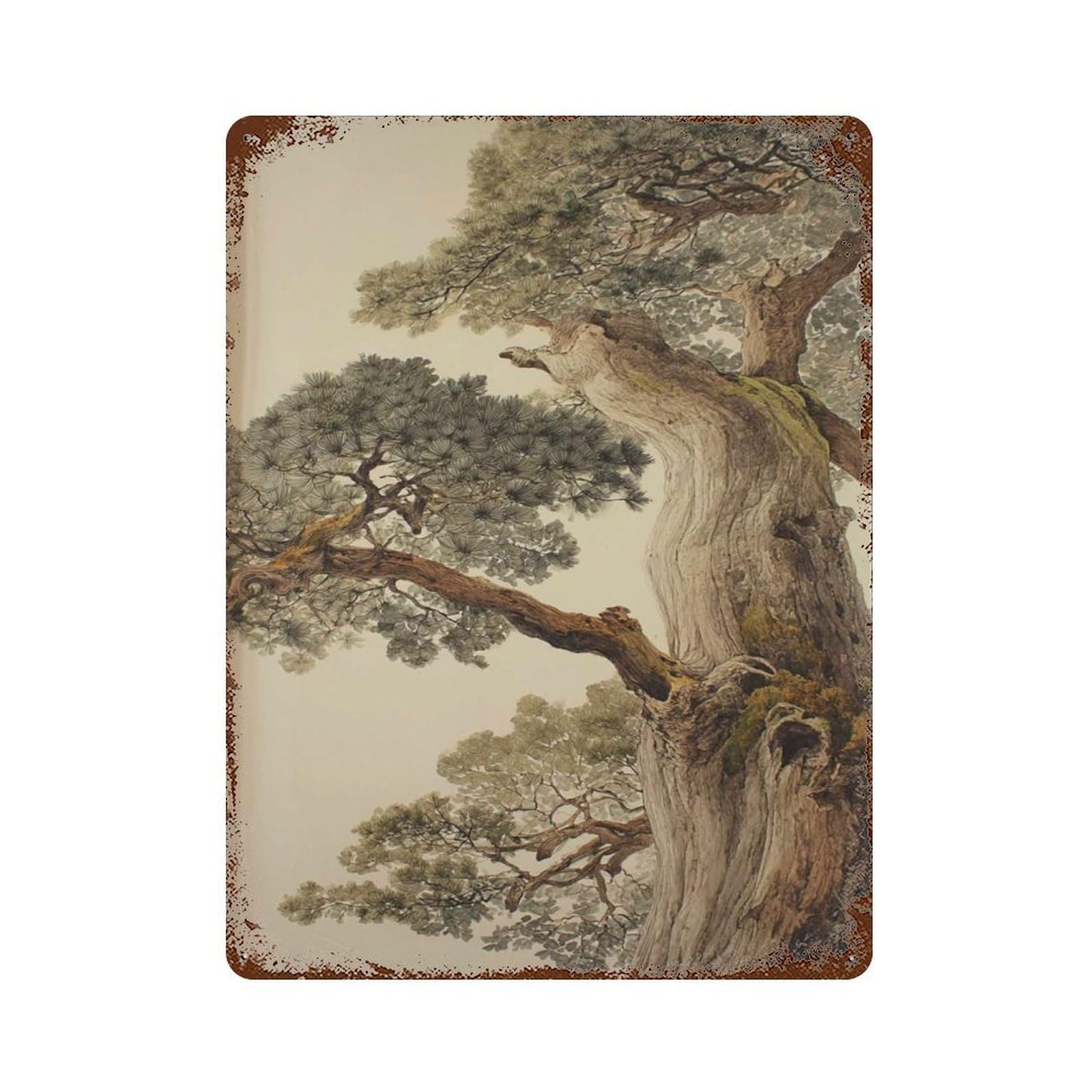 xiaoxiaoshen Ancient Pine Tree Japanese Nature Zen Botanical Oriental Painting Calm Forest Wo Wall Decor Art Metal Tin Poster Modern Home Decor Art Home Bar Shop Decorations Vintage Sign 40x30cm