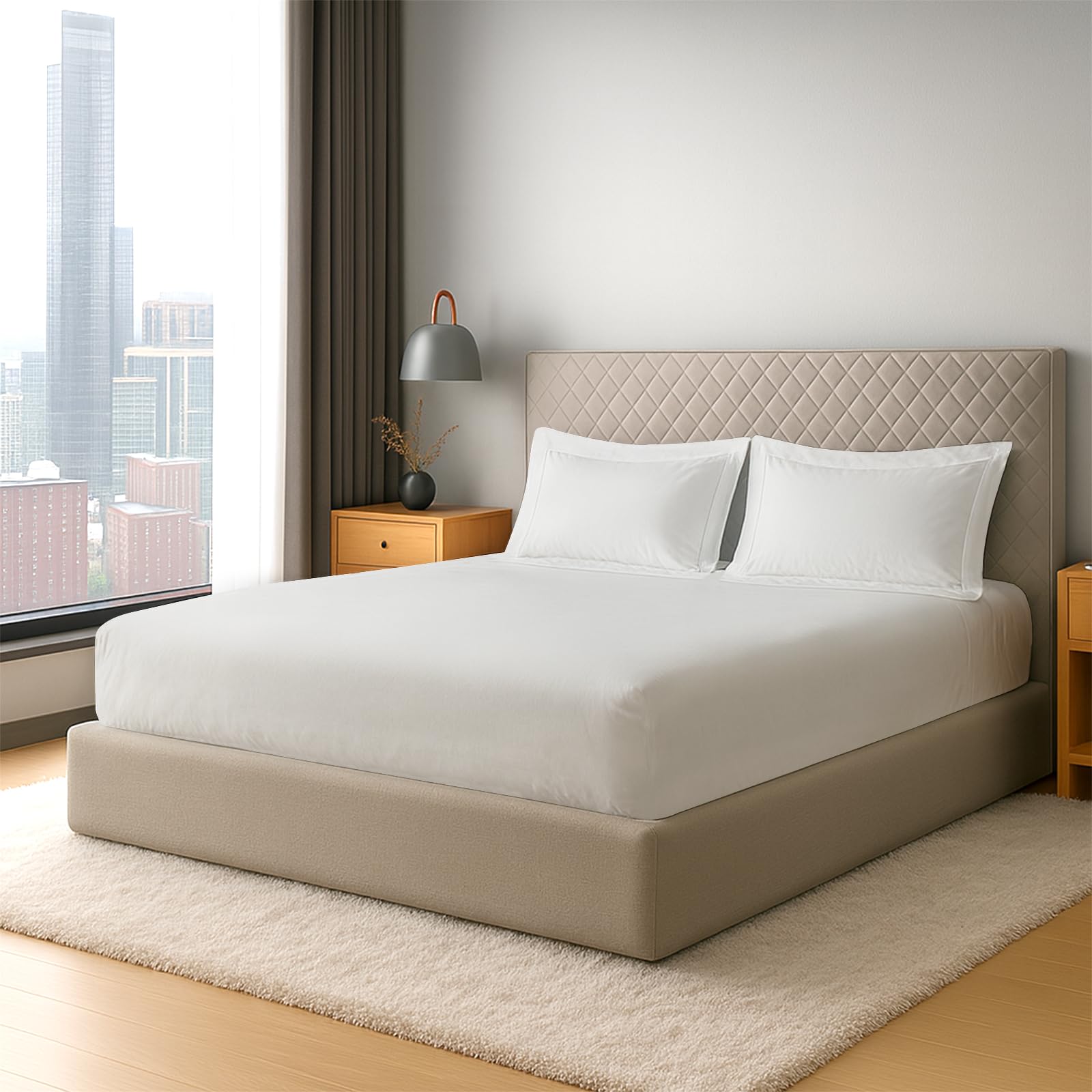 Pizuna Pure Cotton 600 Thread Count Super King Fitted Sheet with 2 Pillowcases, New White 100% Long Staple Cotton, Soft Sateen Weave 40 cm Deep Fitted Super King Size Sheet โ image 1