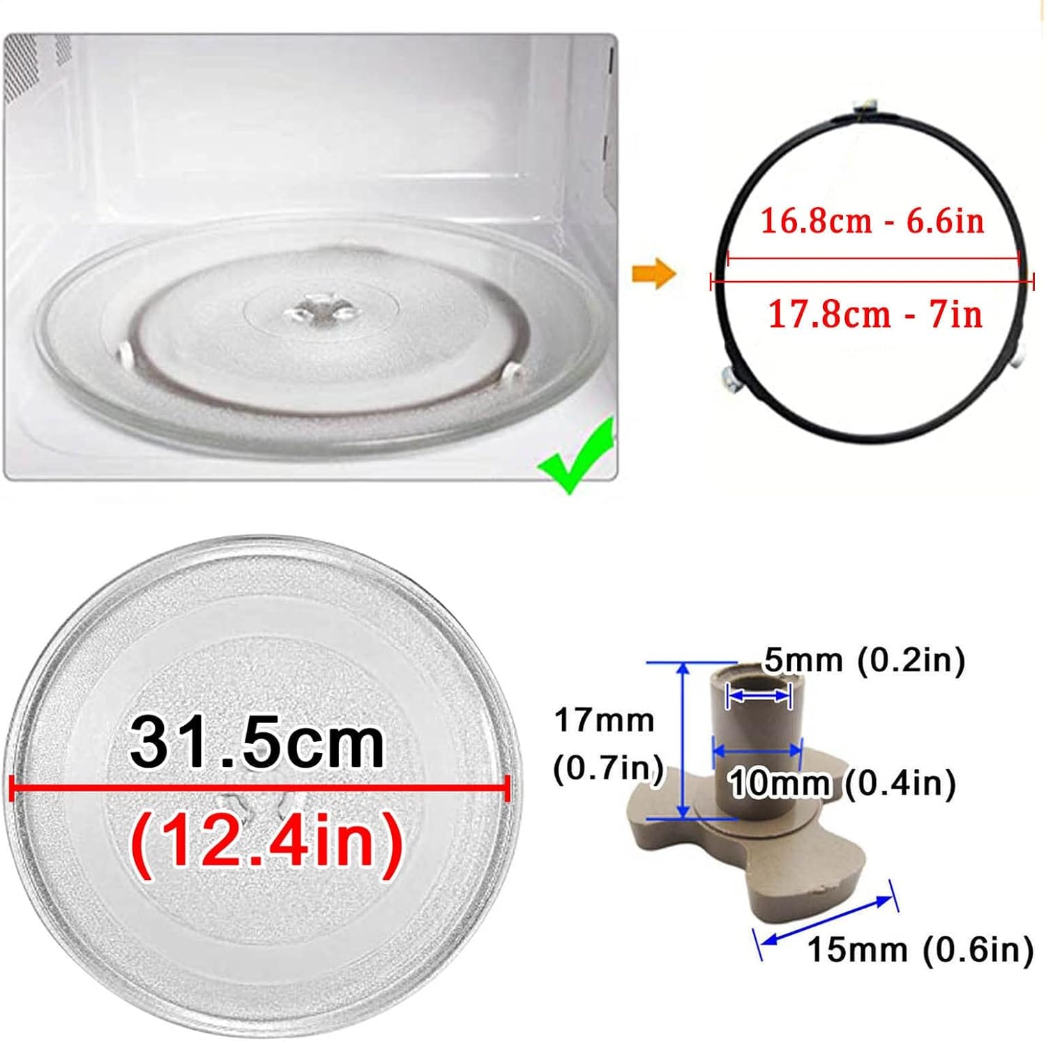 Circular Glass Turn Table Top Kit, Replacement Microwave Glass Turntable Plate With Microwave Turntable Coupler And Ring, 12.4" 10.6" 9.6" Microwave Glass Plate, High Temperature Resistance ( Color :