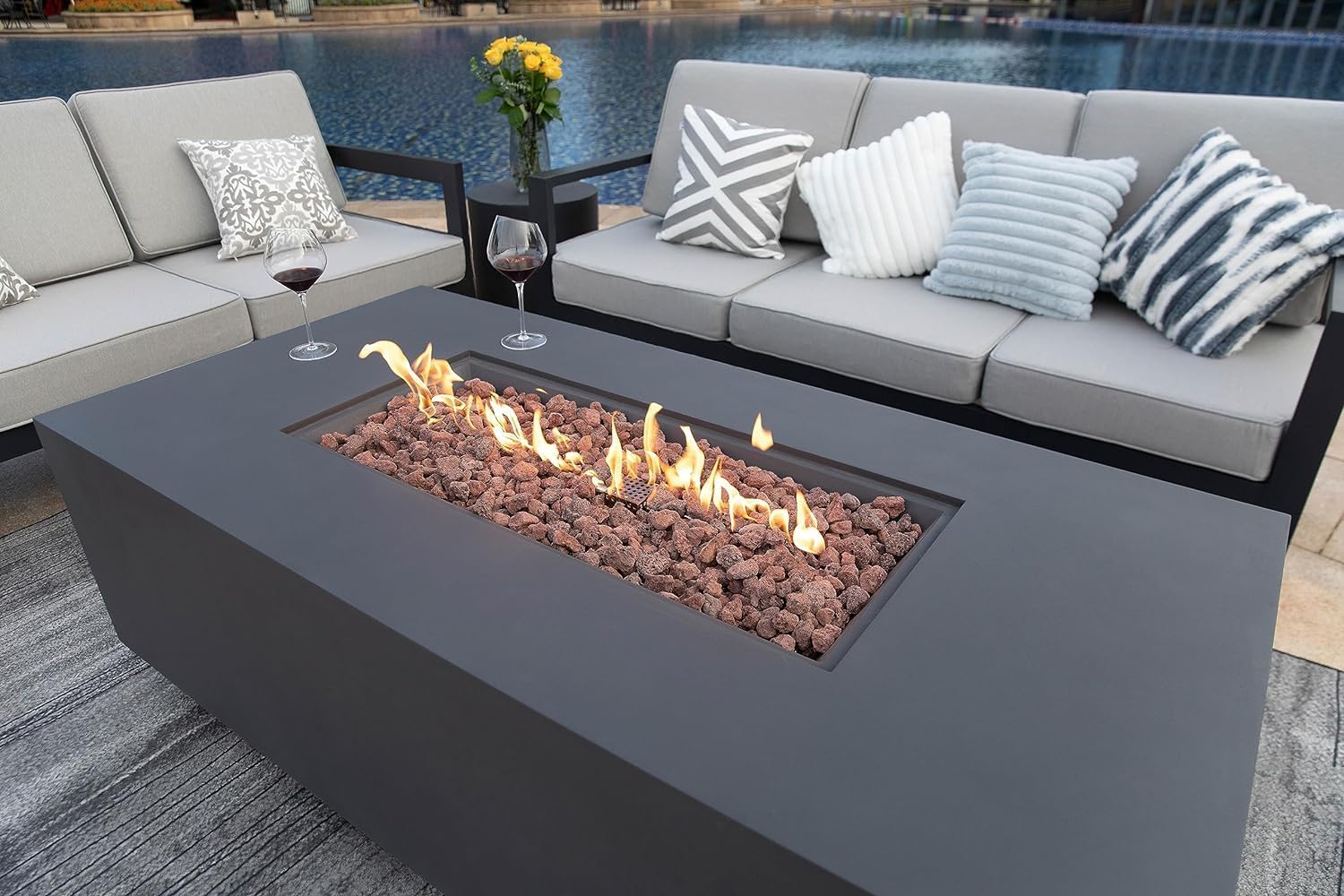 AMS Fireplace Genuine Concrete Rectangular Propane Fire Pit Table for Outside Patio (66" Sedona) | Hidden Tank Drawer & Electronic Ignition | Bundle w/Wind Guard, Burner Lid & Cover (Dark Gray)