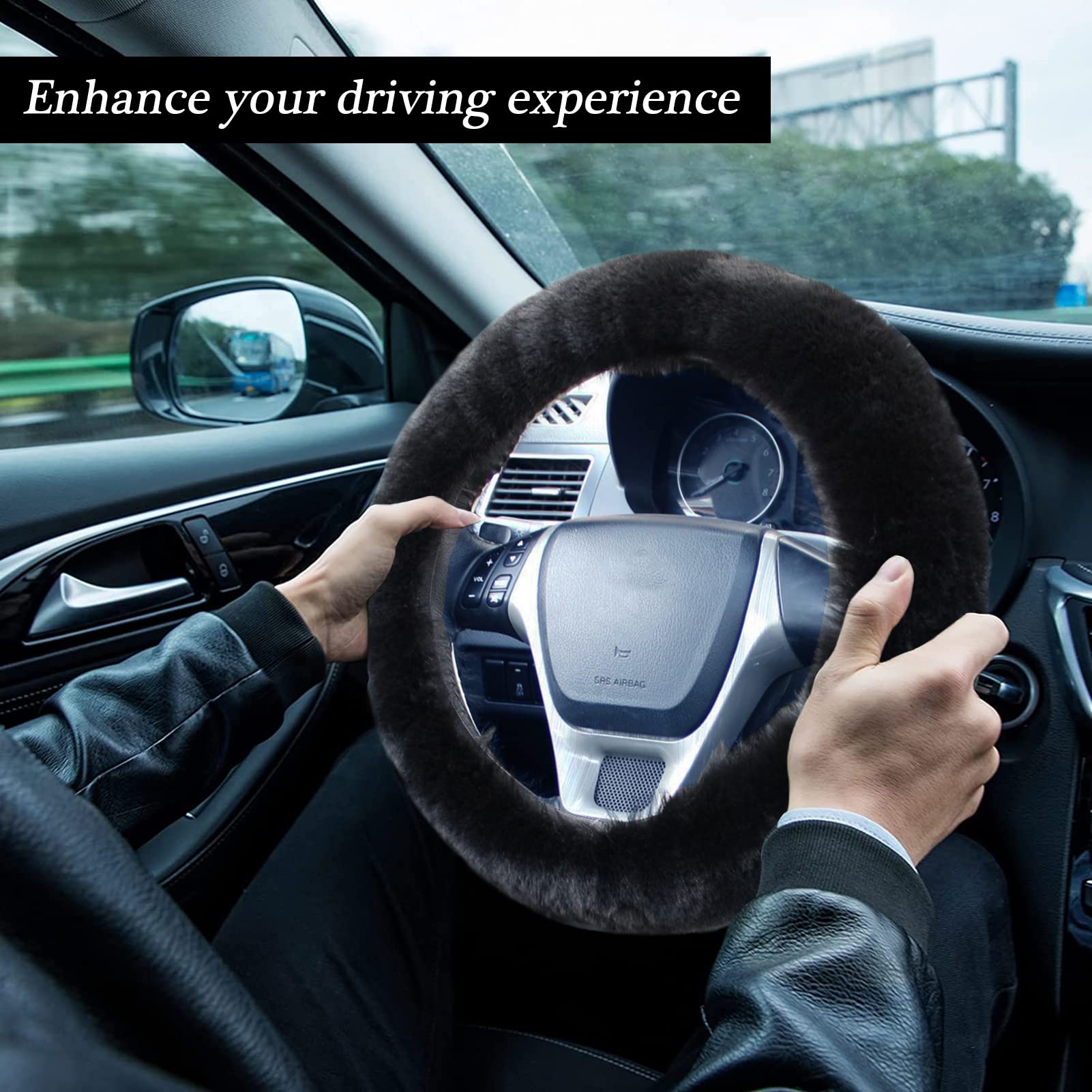 3Pcs Set Womens Winter Fashion Wool Fur Soft Furry Steering Wheel Covers Blue Fluffy Handbrake Cover Gear Shift Cover Fuzz Warm