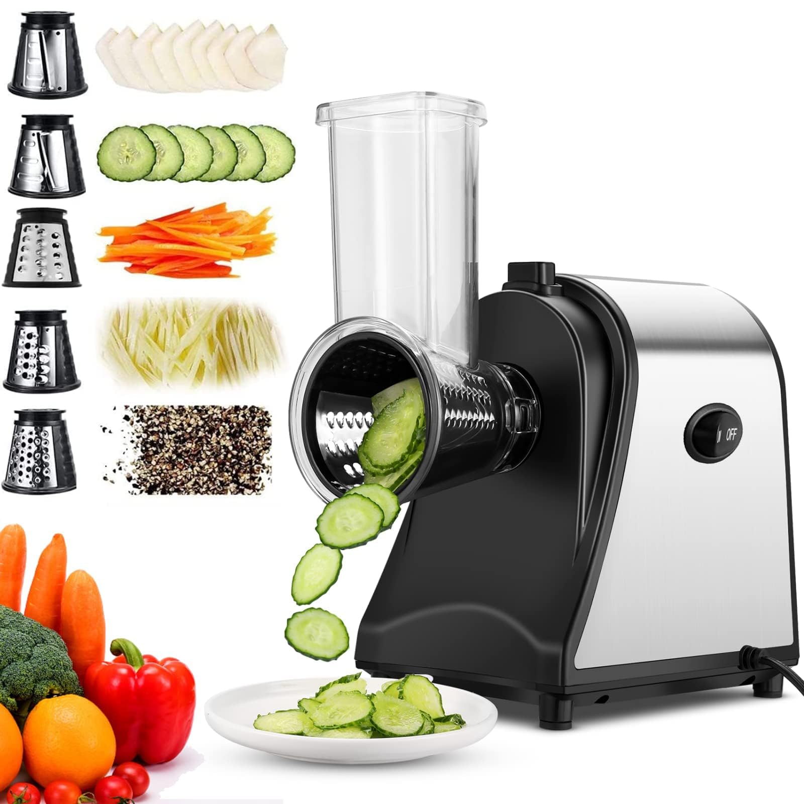 Tagliaverdure elettrica automatica per verdure, 250 W Taglia verdure in acciaio inox, con 5 lame coniche per verdure diverse con controllo a un pulsante