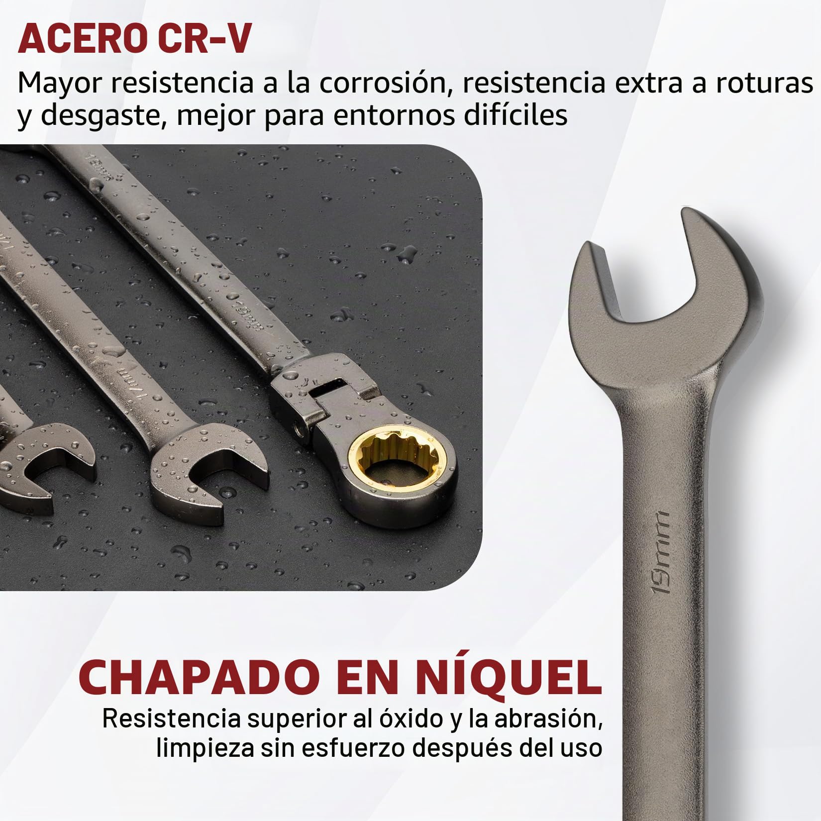 Shall Conjunto de llave de Ratcheting de cabeza flexible de 9 piezas, 72 dientes métricos 8-19mm, Cr-V construido, Chapado Níquel con bolsa de organización