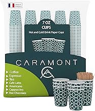 Caramont, 400 Paper Cups, 7 oz with Wooden Stirrers, Ecological and Disposable, Heat Resistant, Ideal for Coffee, Tea, Birthday, etc.