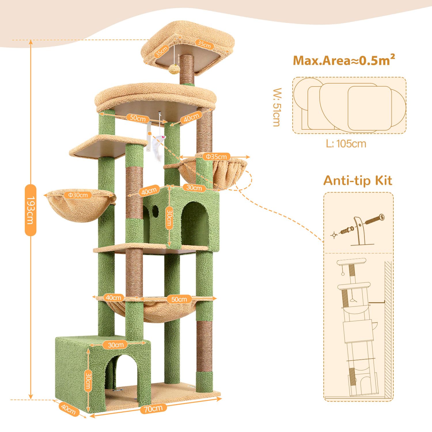 Globlazer Albero Tiragraffi per Gatti XXL 194 cm con 2 Grande Grotte, Immenso Amaca 50 * 40CM, Piattaforma Imbottiti, 2 Cestini, Trespoli, Enorme Cactus Tiragraffi per 3-5 Gatti Adulti (S76B, Verde)