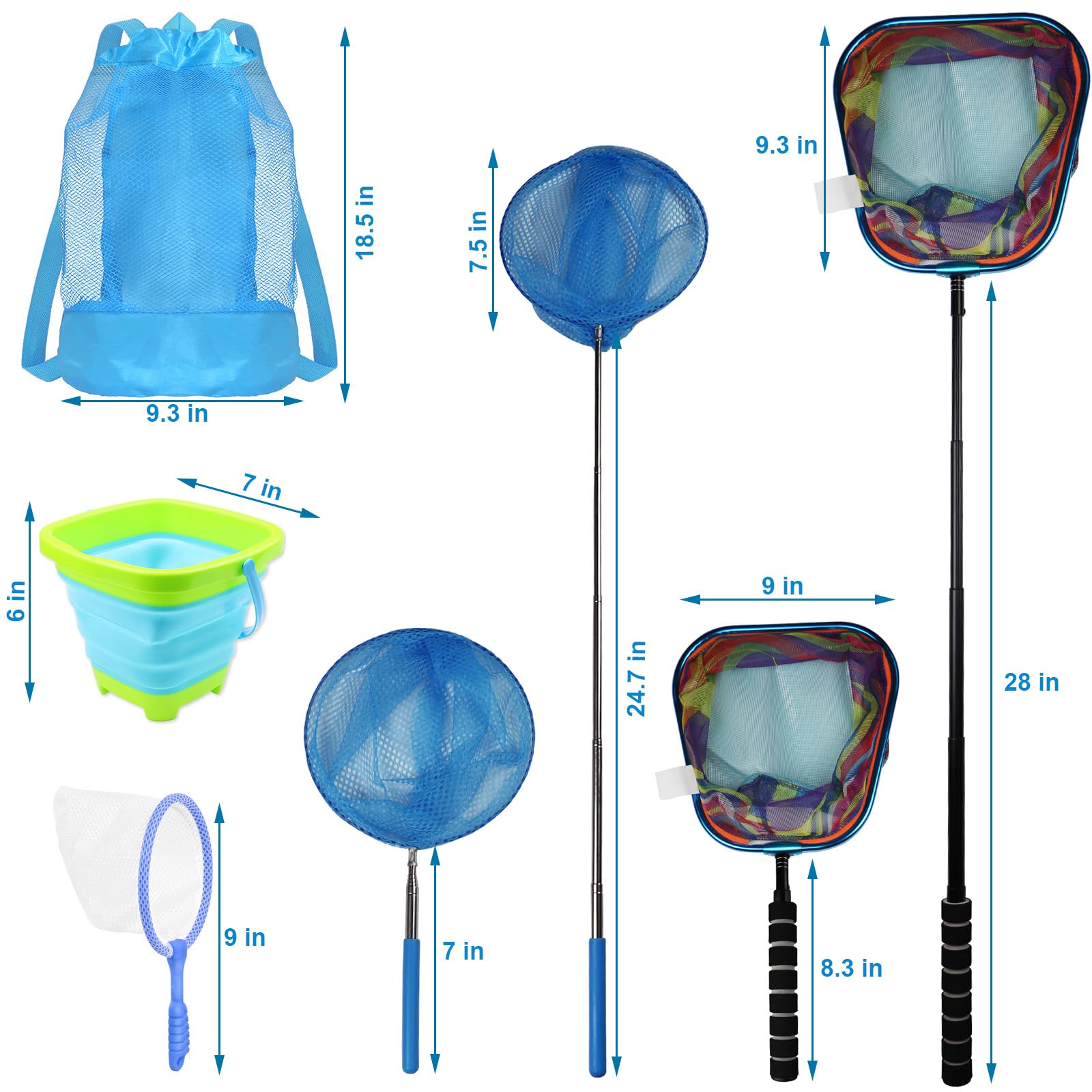 Juego de red de pesca para niños, red de aterrizaje telescópica con cubo, red de mariposas pequeñas e insectos, bolsa de almacenamiento para agua dulce, lago, estanque, jardín, actividades al