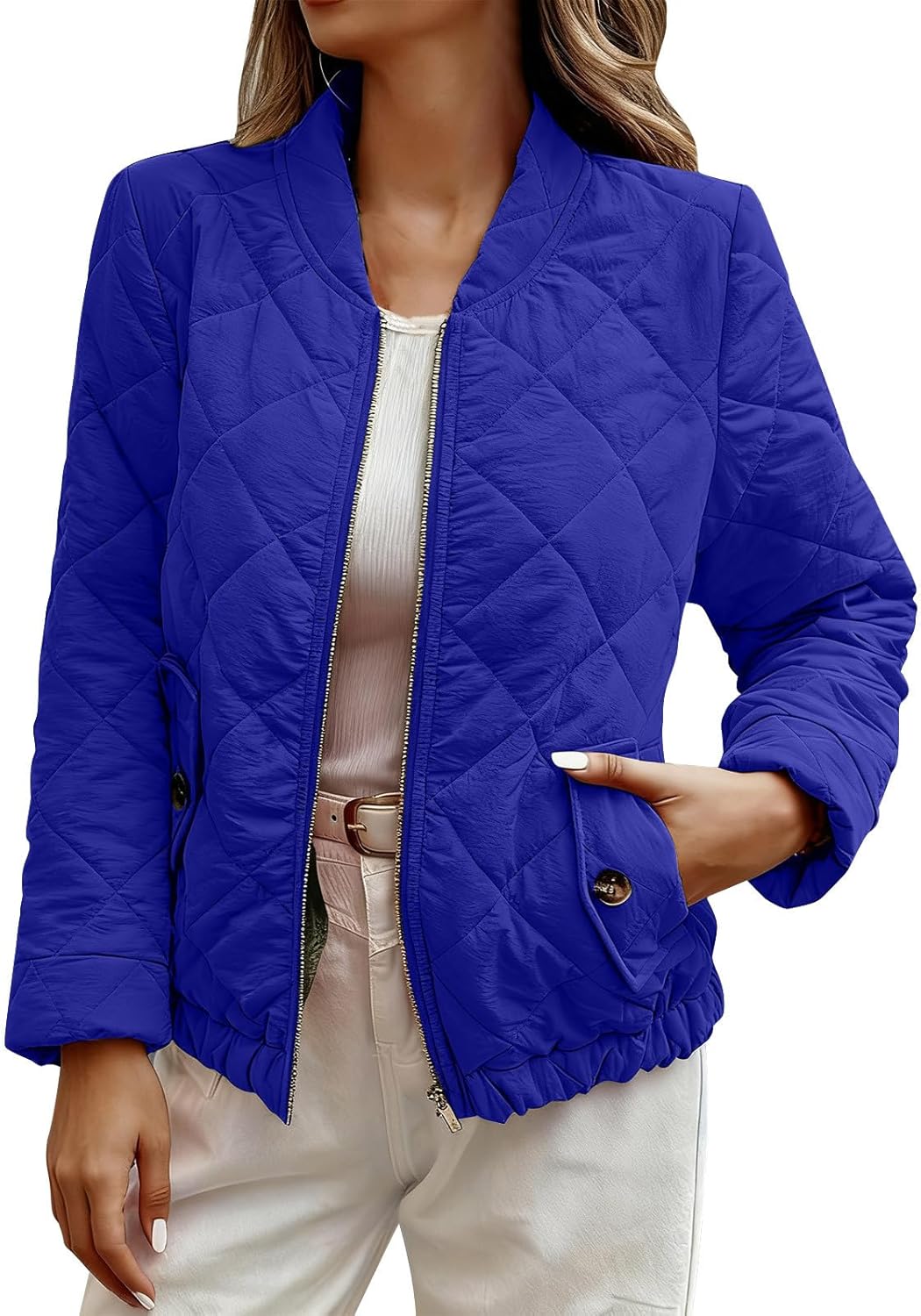 Womens Quilted Bomber Jackets Lightweight Zip up Coats with Pockets Casual Outerwear Fleece Warm Comfort Outerwear