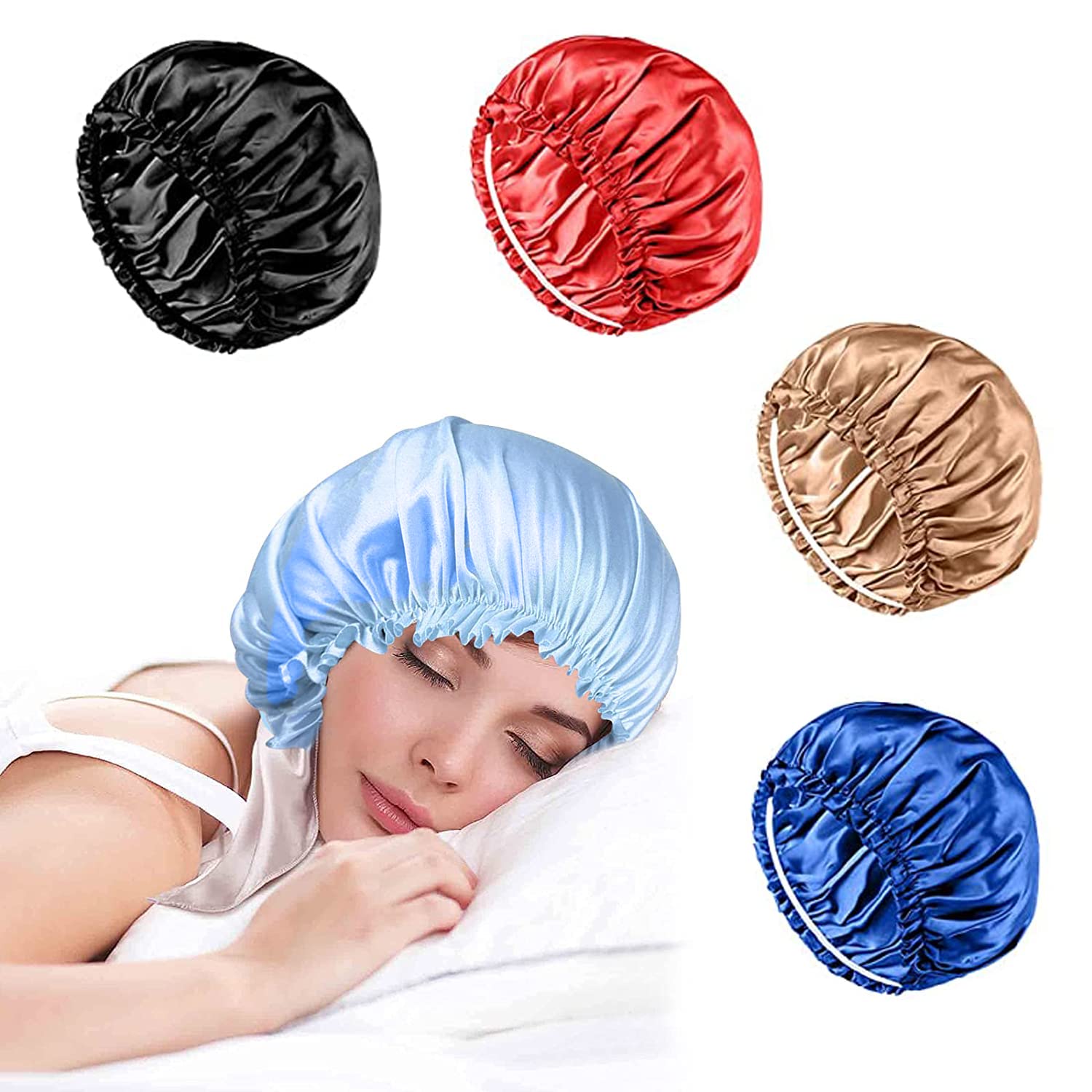 Sponsored Ad – Amzboen 4 Pieces Soft Satin Sleep Cap,Double-Layer Satin Hair Bonnet for Sleeping with Premium Elastic Band Silk Bonnet for Women Curly Hair Natural Hair Long Hair, Free Hair Scrunchie